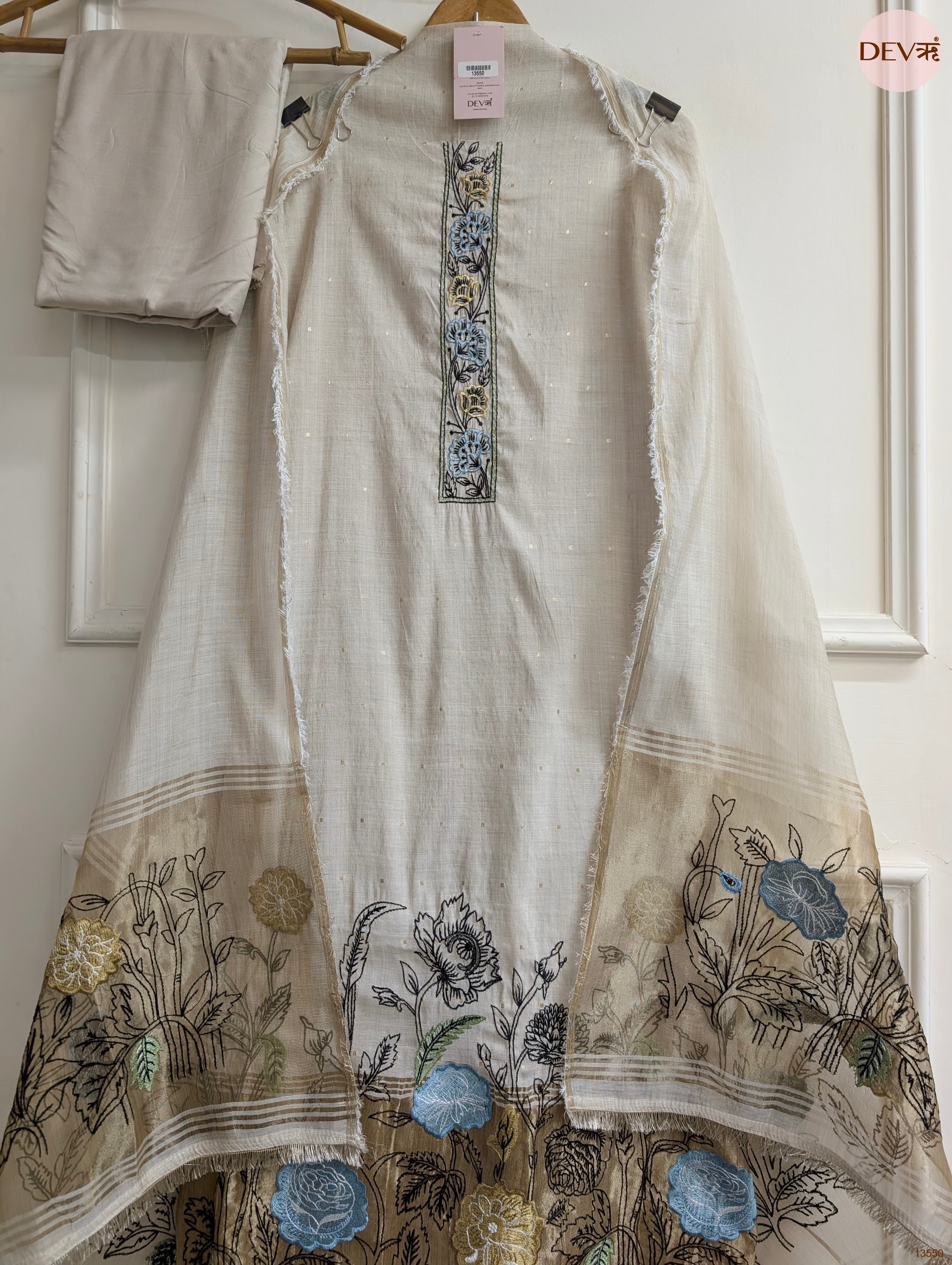 Beige Mul Chanderi Embroidered Unstitched 3-Piece Suit (Devri – D.No 13550)