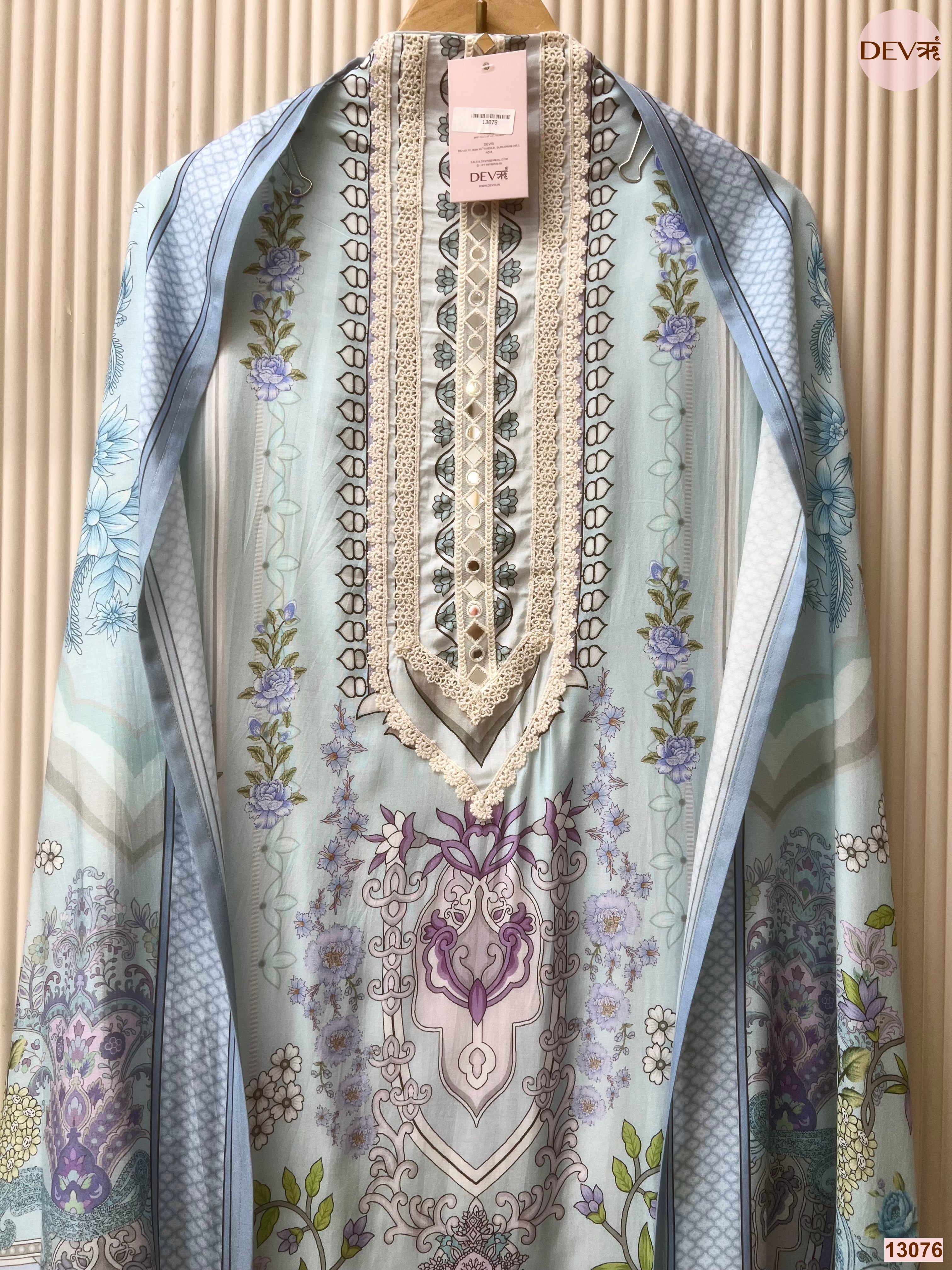 Blue Muslin Printed Unstitched 3-Piece Suit (Devri – D.No 13076)