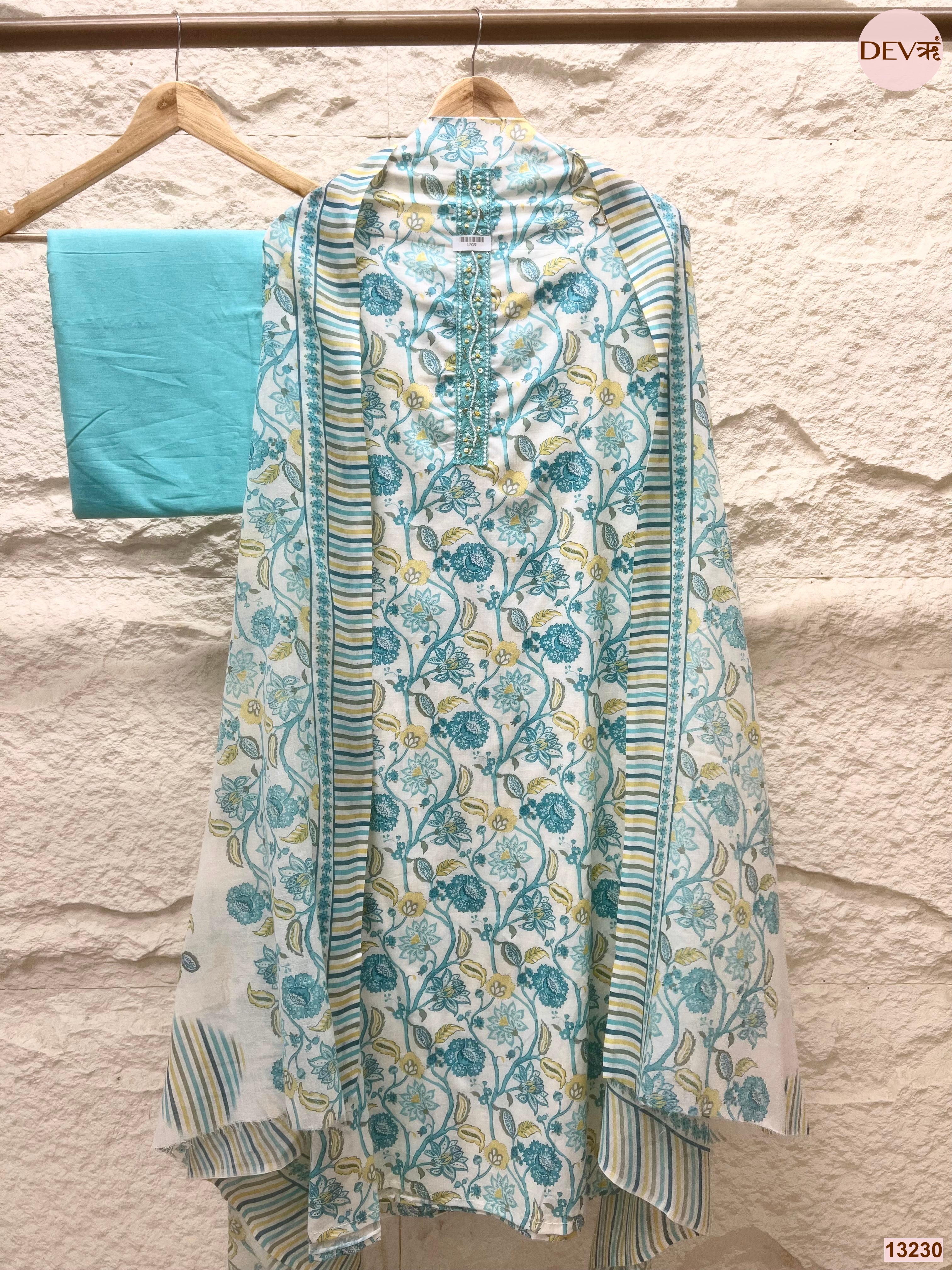 Aqua Cotton Printed Unstitched 3-Piece Suit (Devri – D.No 13230)