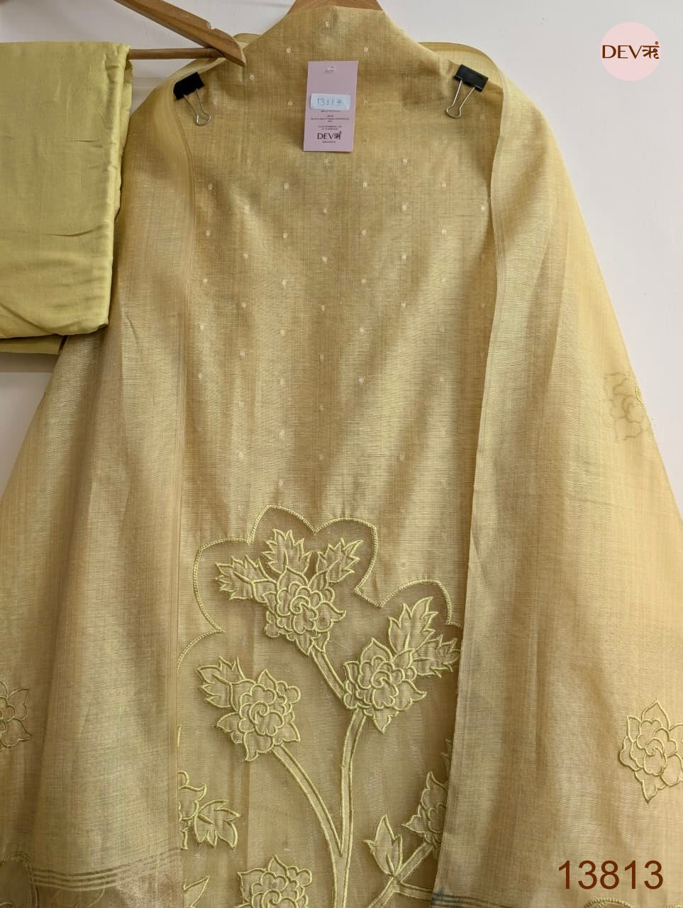 Beige Mul Chanderi Embroidered Unstitched 3-Piece Suit (Devri – D.No 13813)