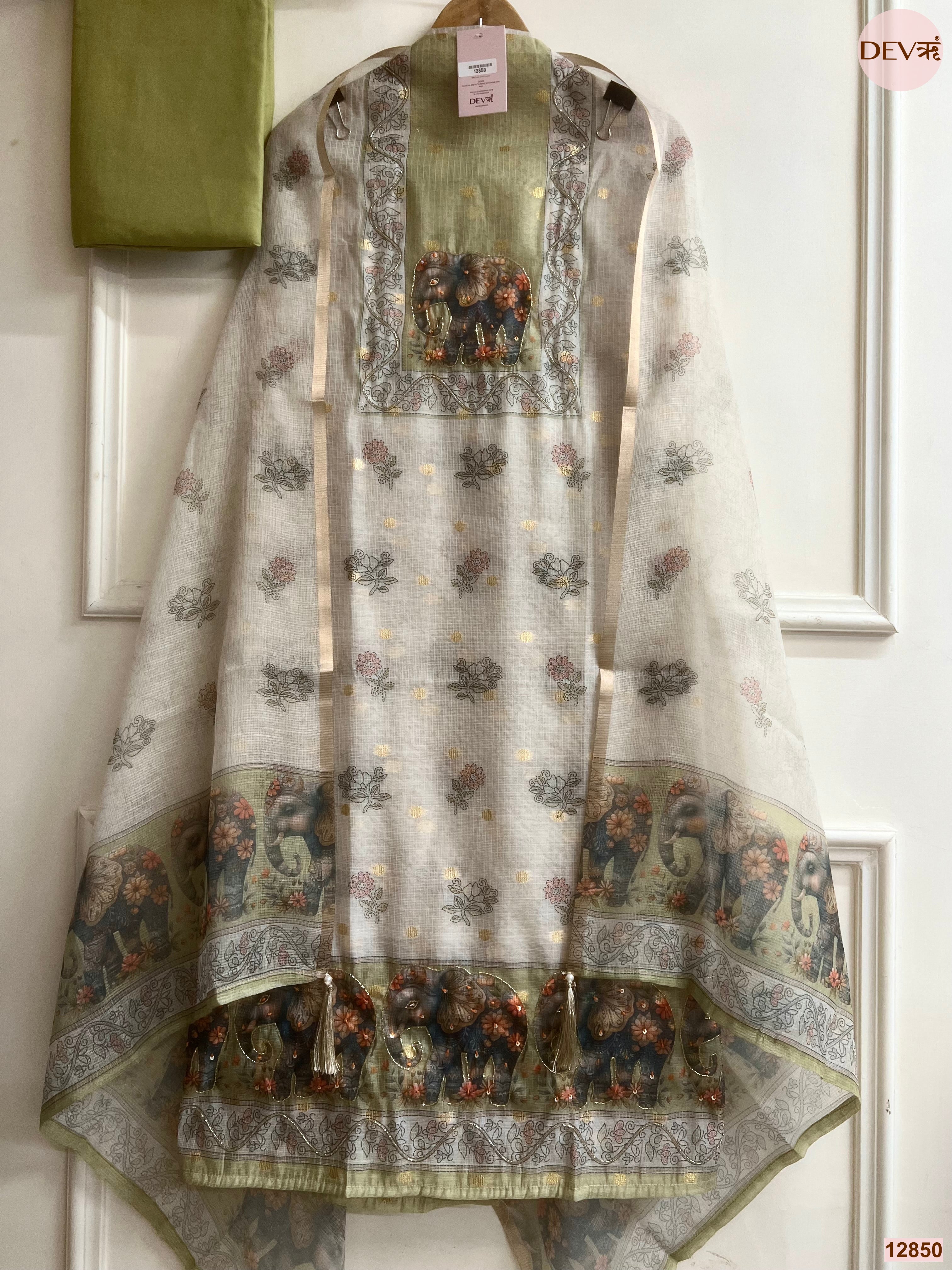 Olive Linen Cotton Printed Unstitched 3-Piece Suit (Devri – D.No 12850)