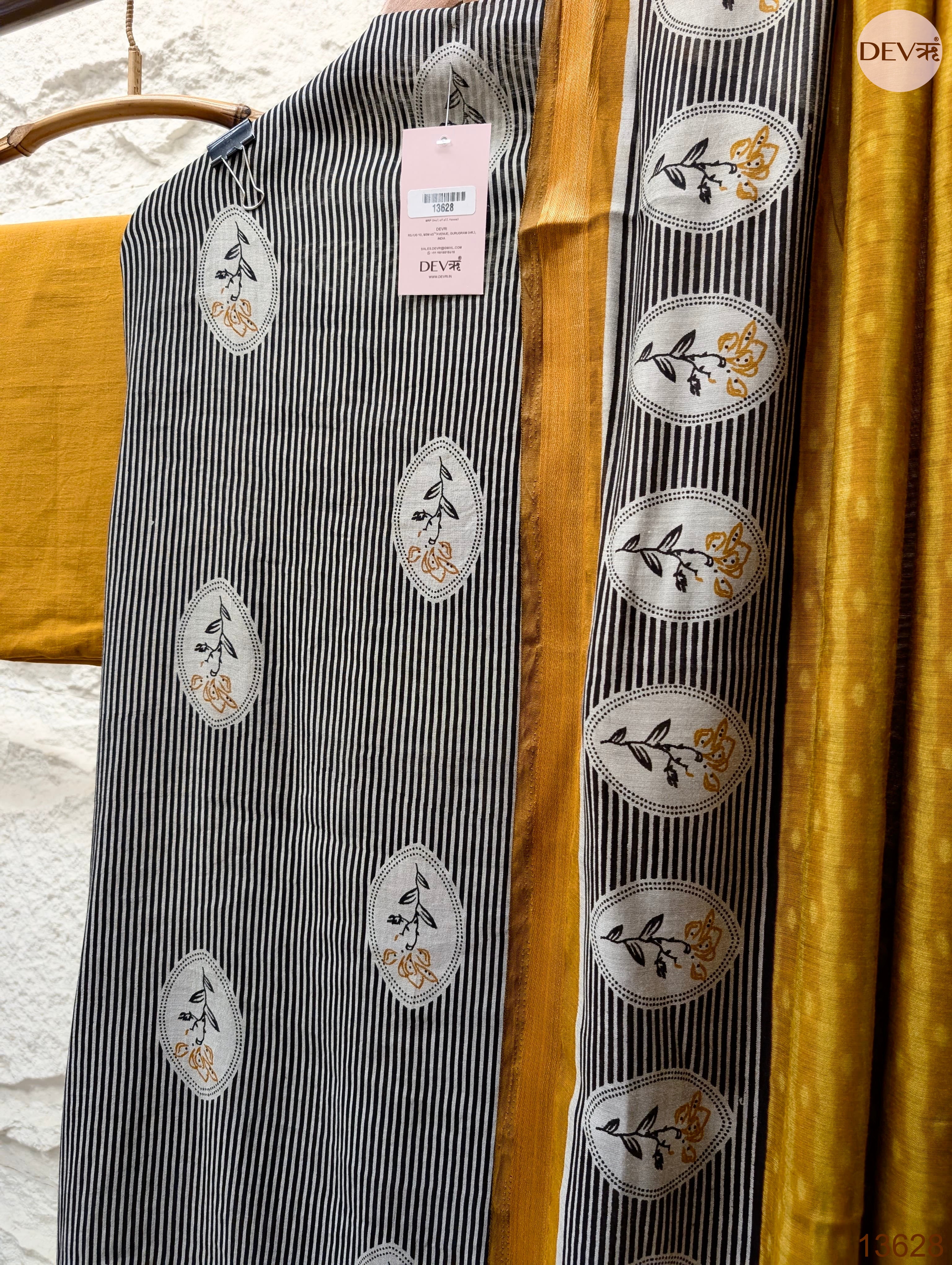 Black Maheshwari Silk Printed Unstitched 3-Piece Suit (Devri – D.No 13628)