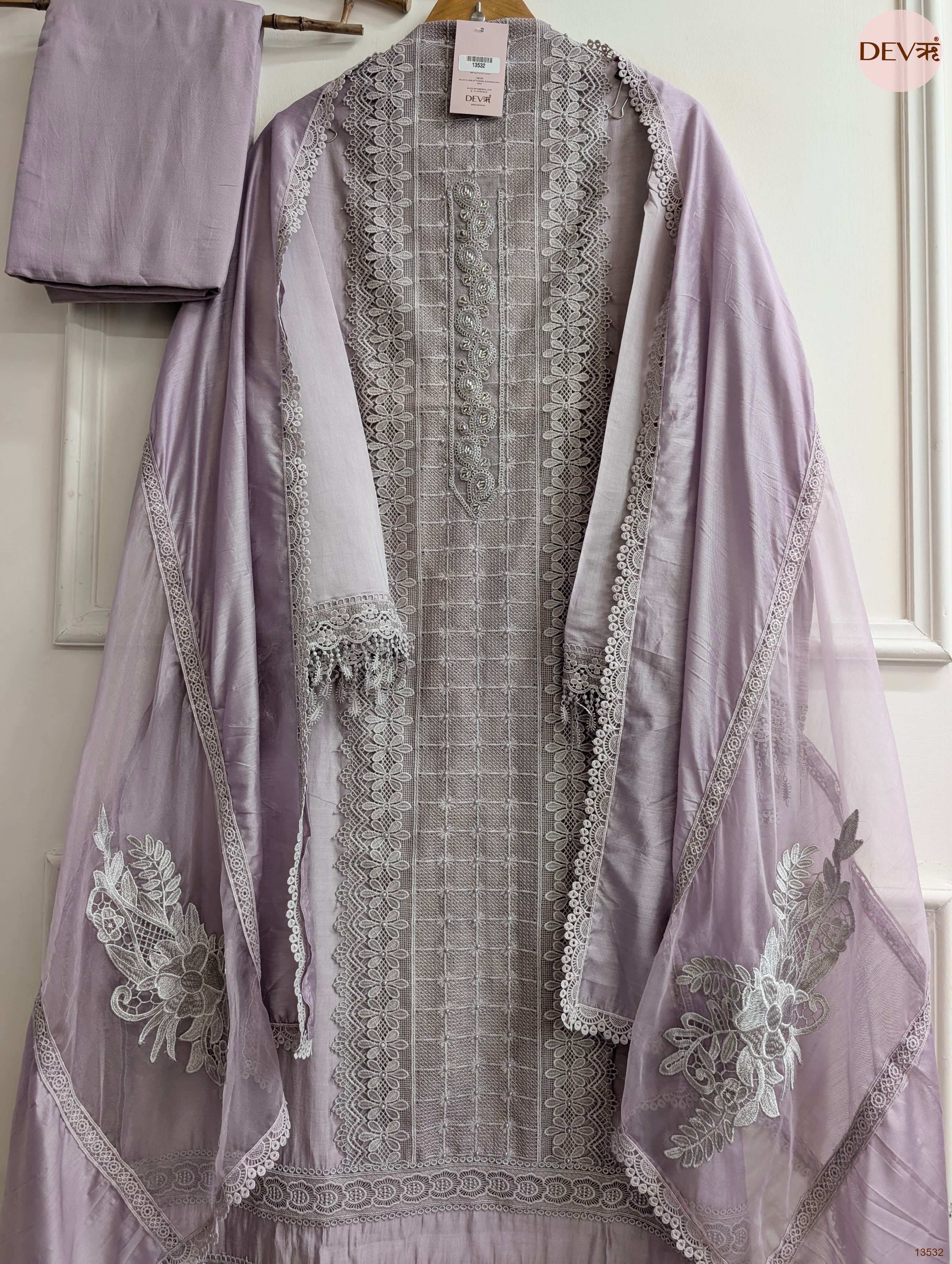Lilac Modal Silk Embroidered Unstitched 3-Piece Suit (Devri – D.No 13532)
