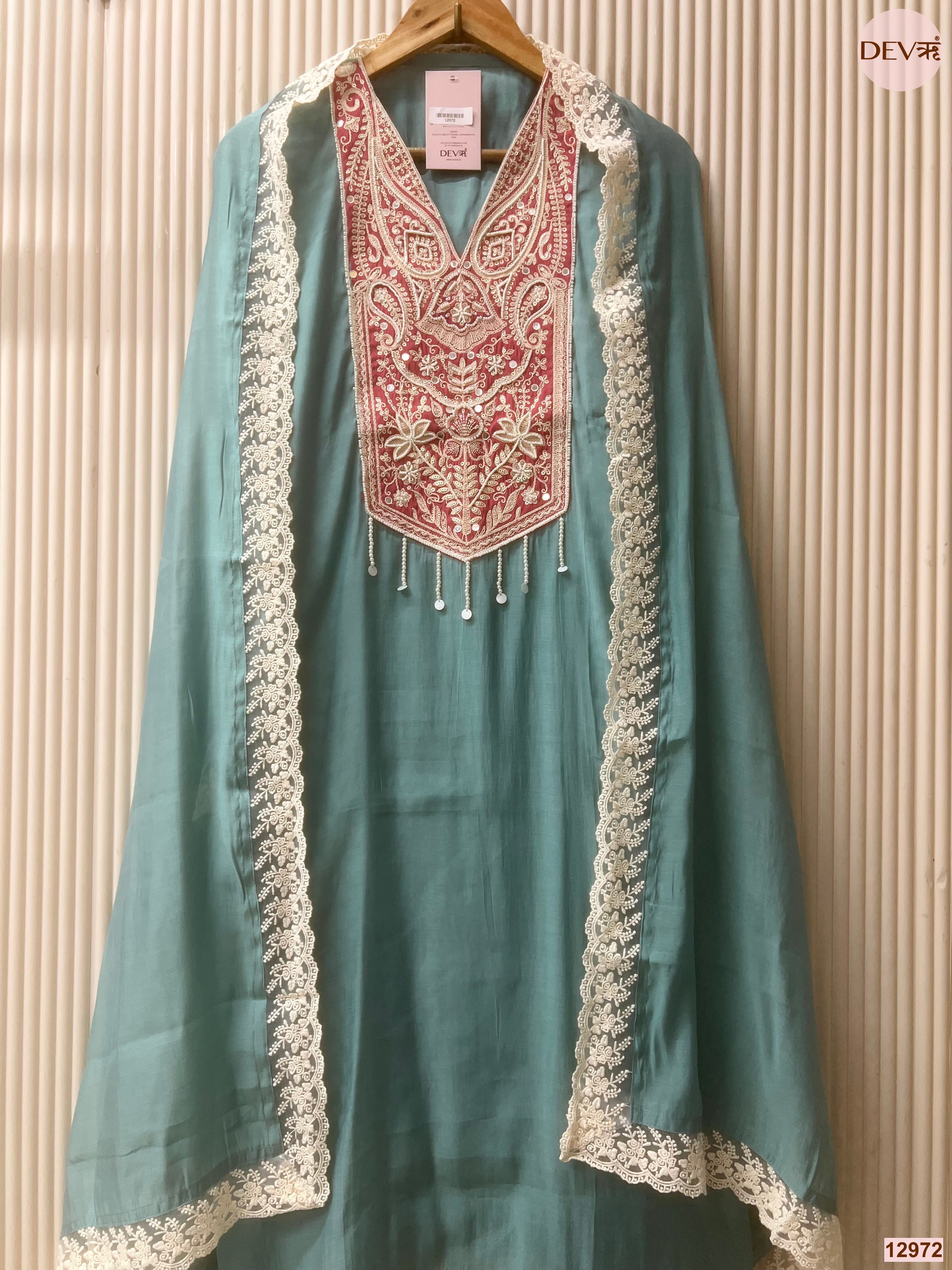 Teal Mul Chanderi Embroidered Unstitched 3-Piece Suit (Devri – D.No 12972)