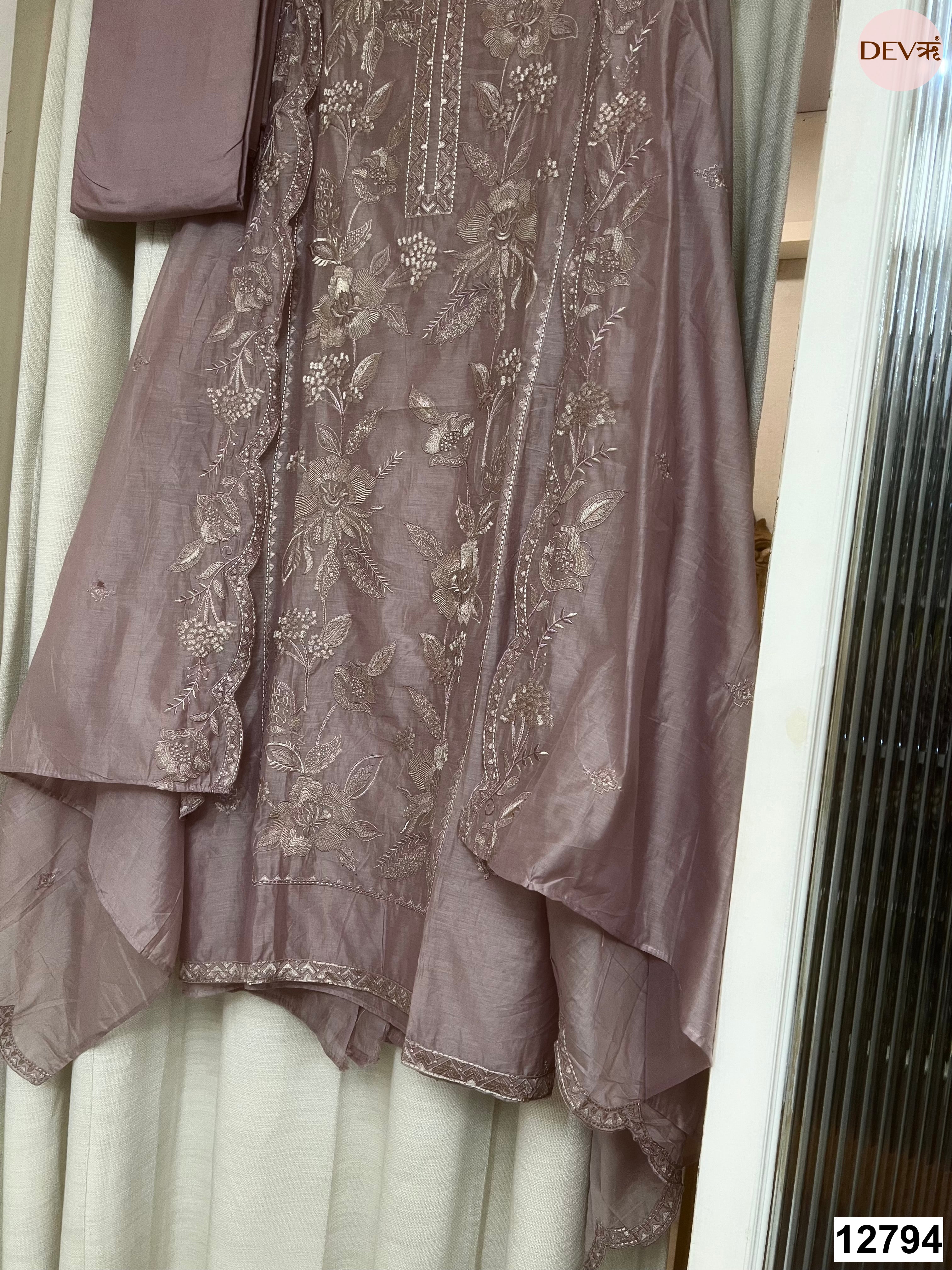 Mauve Mul Chanderi Embroidered Unstitched 3-Piece Suit (Devri – D.No 12794)