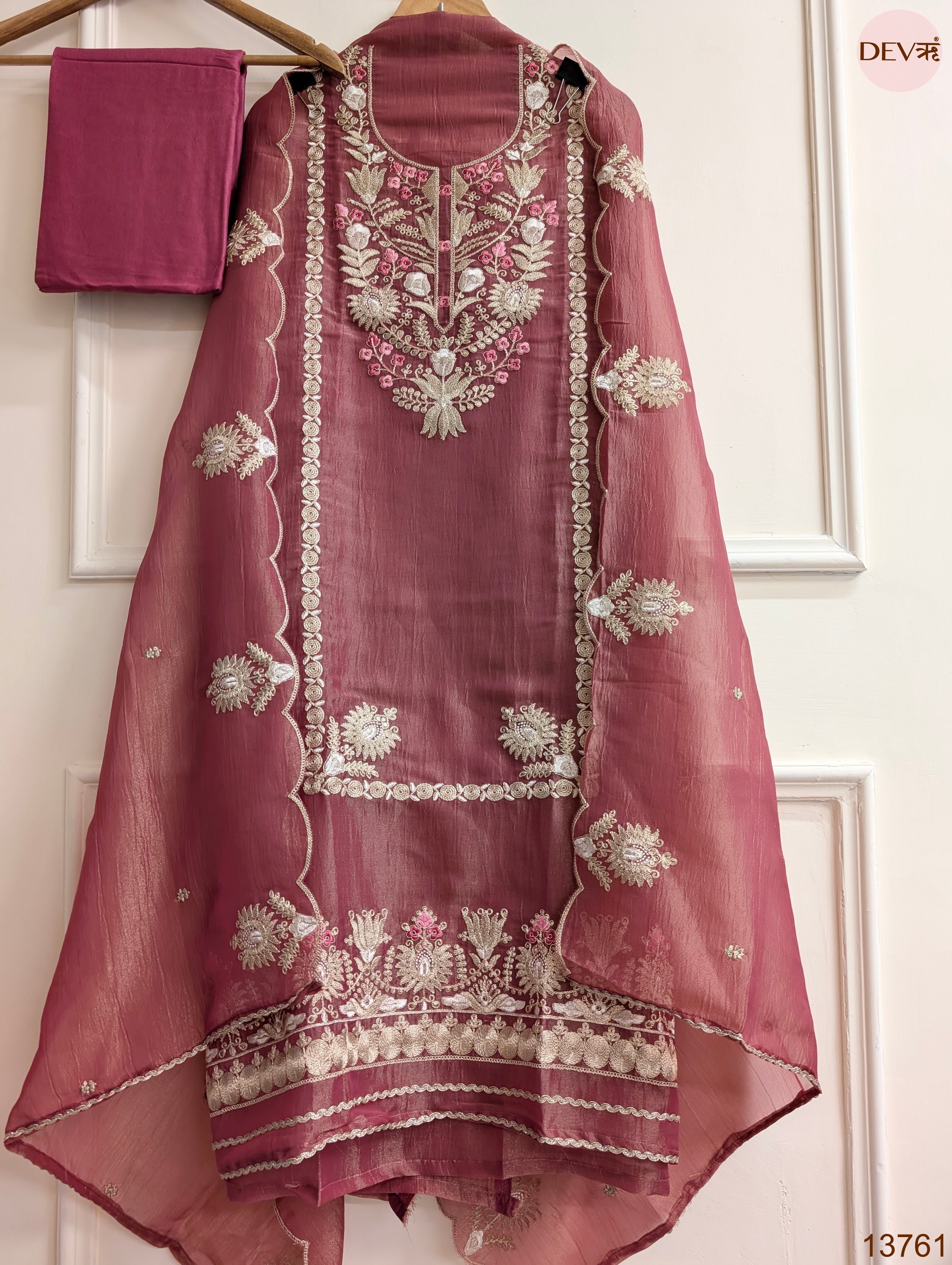 Mauve Pure Tissue Silk Embroidered Unstitched 3-Piece Suit (Devri – D.No 13761)