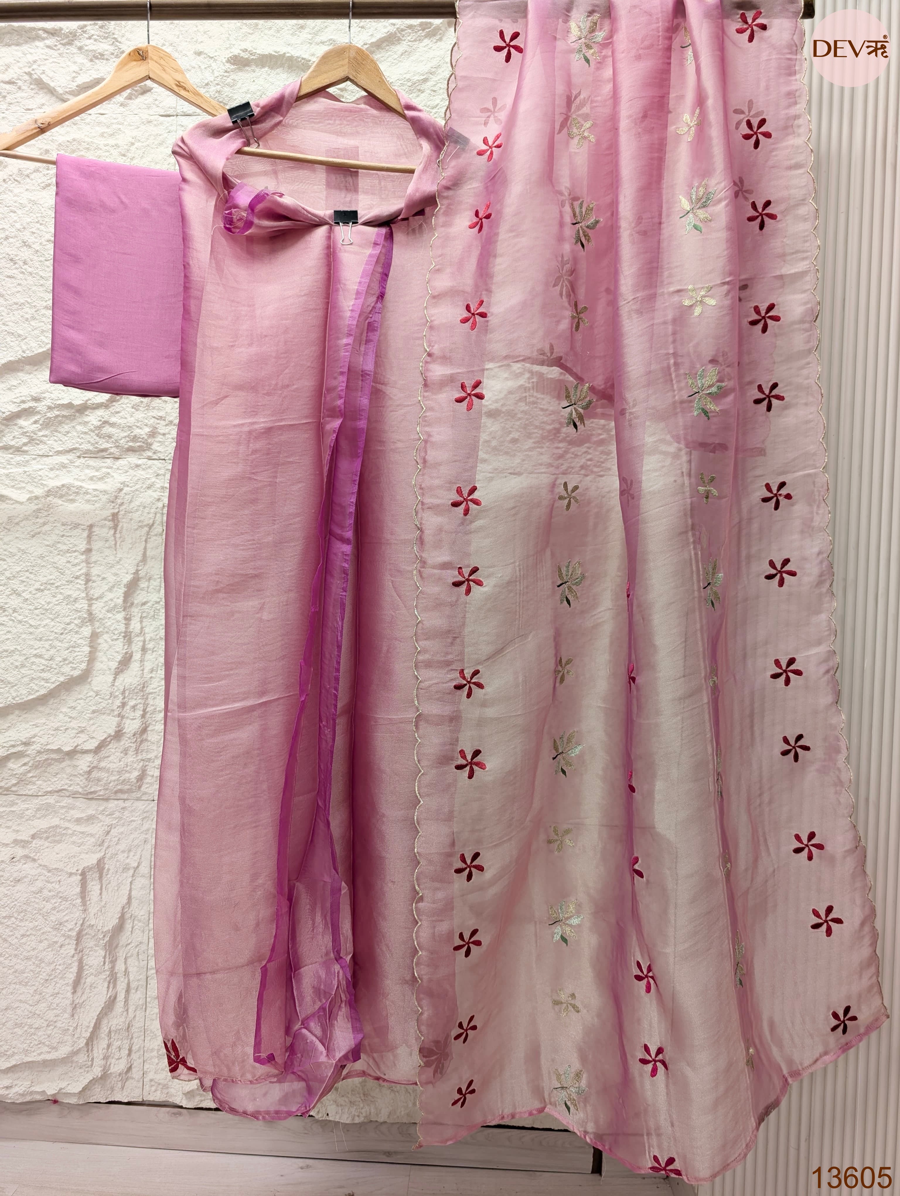 Pink Crush Tissue Silk Embroidered Unstitched 3-Piece Suit (Devri – D.No 13605)