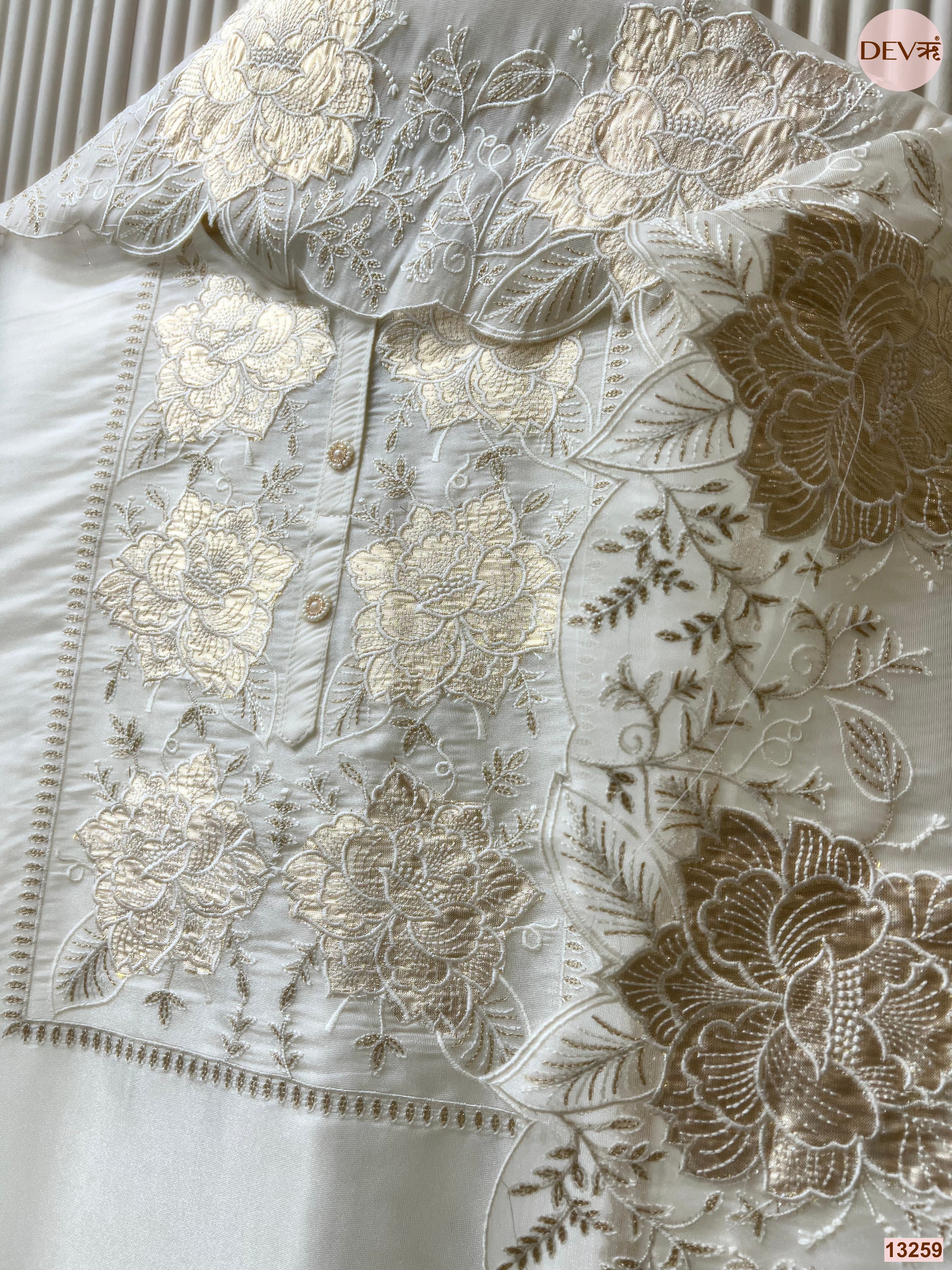 Off White Tissue Shimmer Silk Embroidered Unstitched 3-Piece Suit (Devri – D.No 13259)