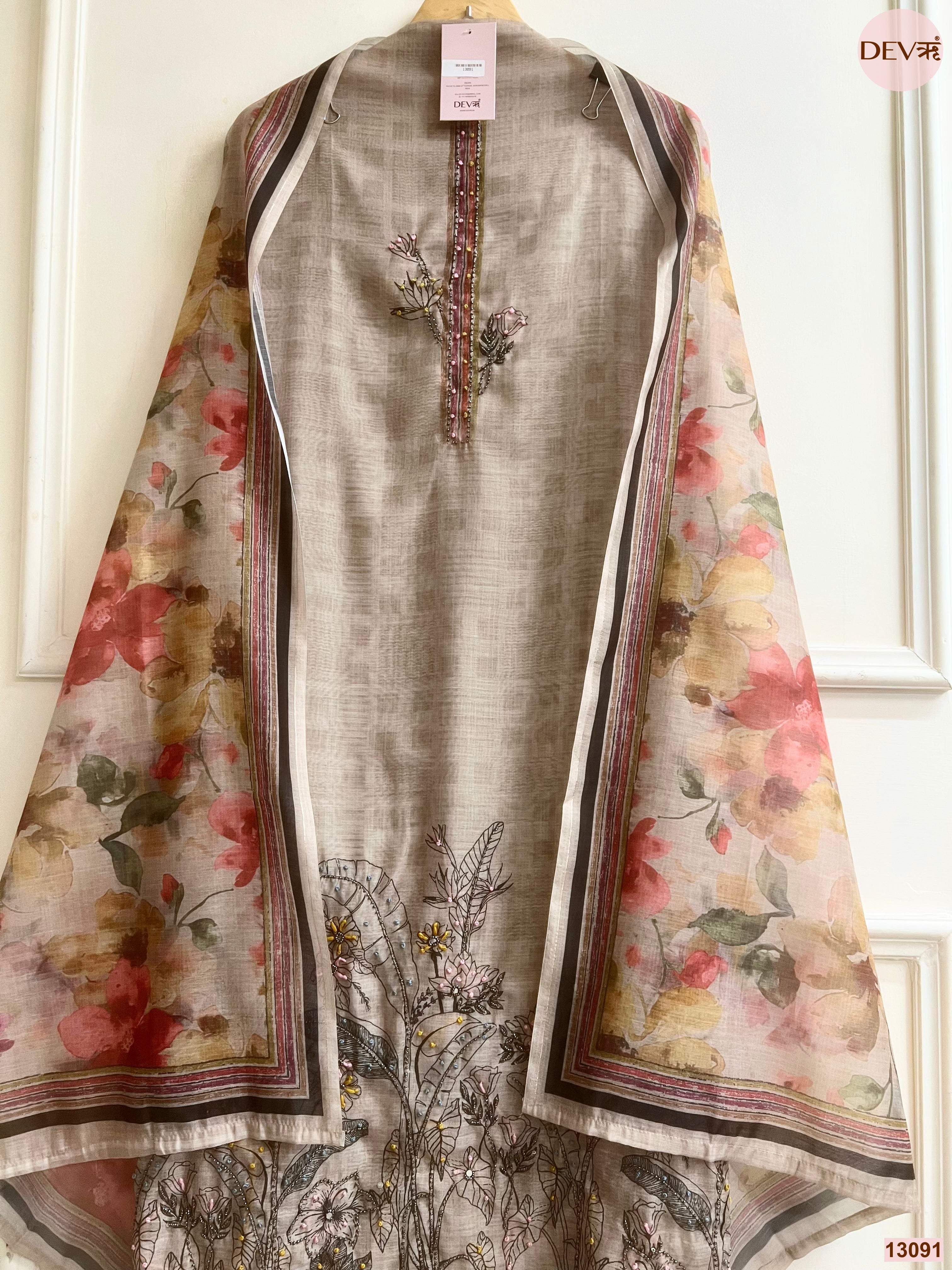 Beige Mul Chanderi Printed Unstitched 3-Piece Suit (Devri – D.No 13091)