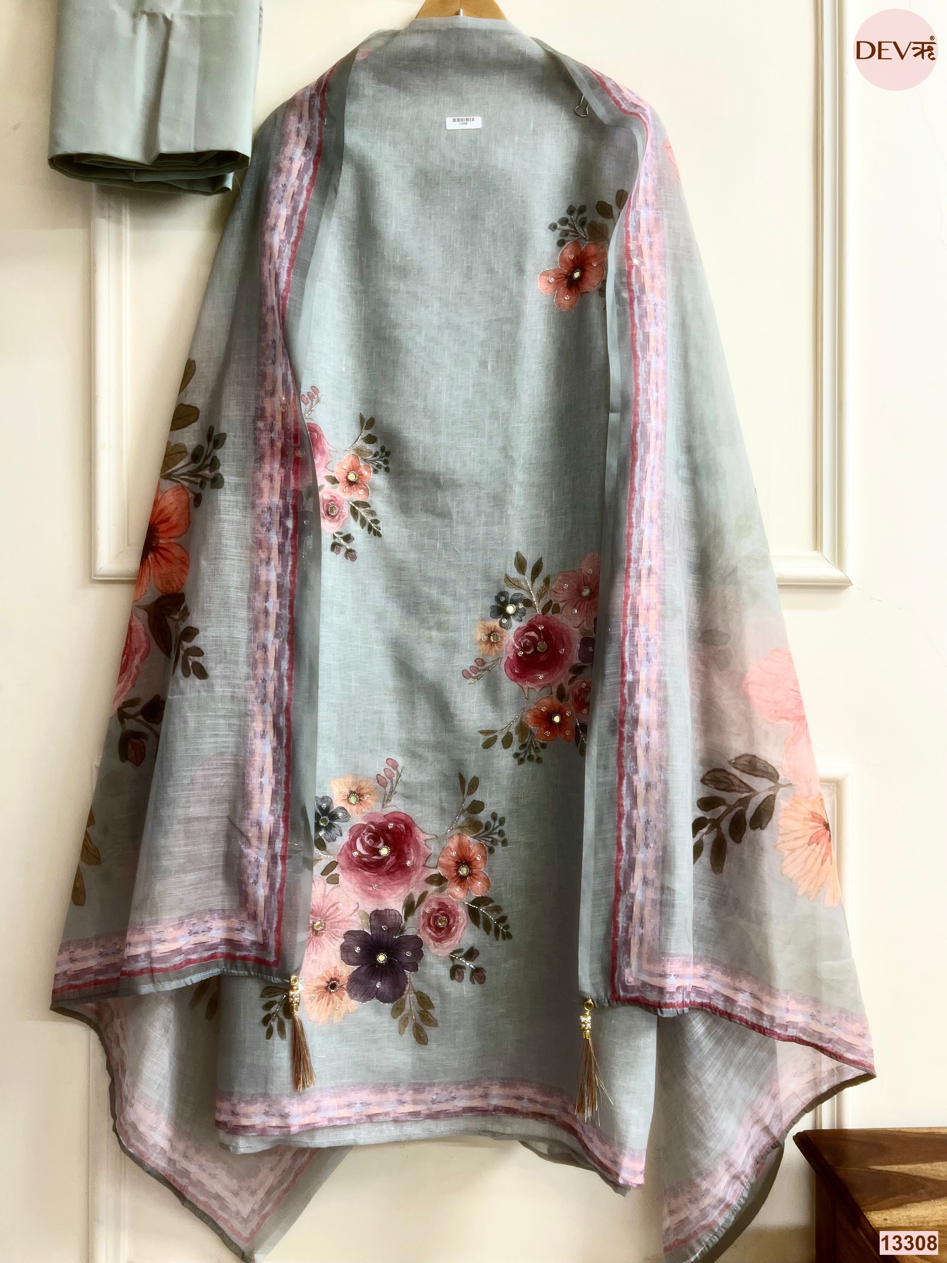 Grey Linen Cotton Printed Unstitched 3-Piece Suit (Devri – D.No 13308)