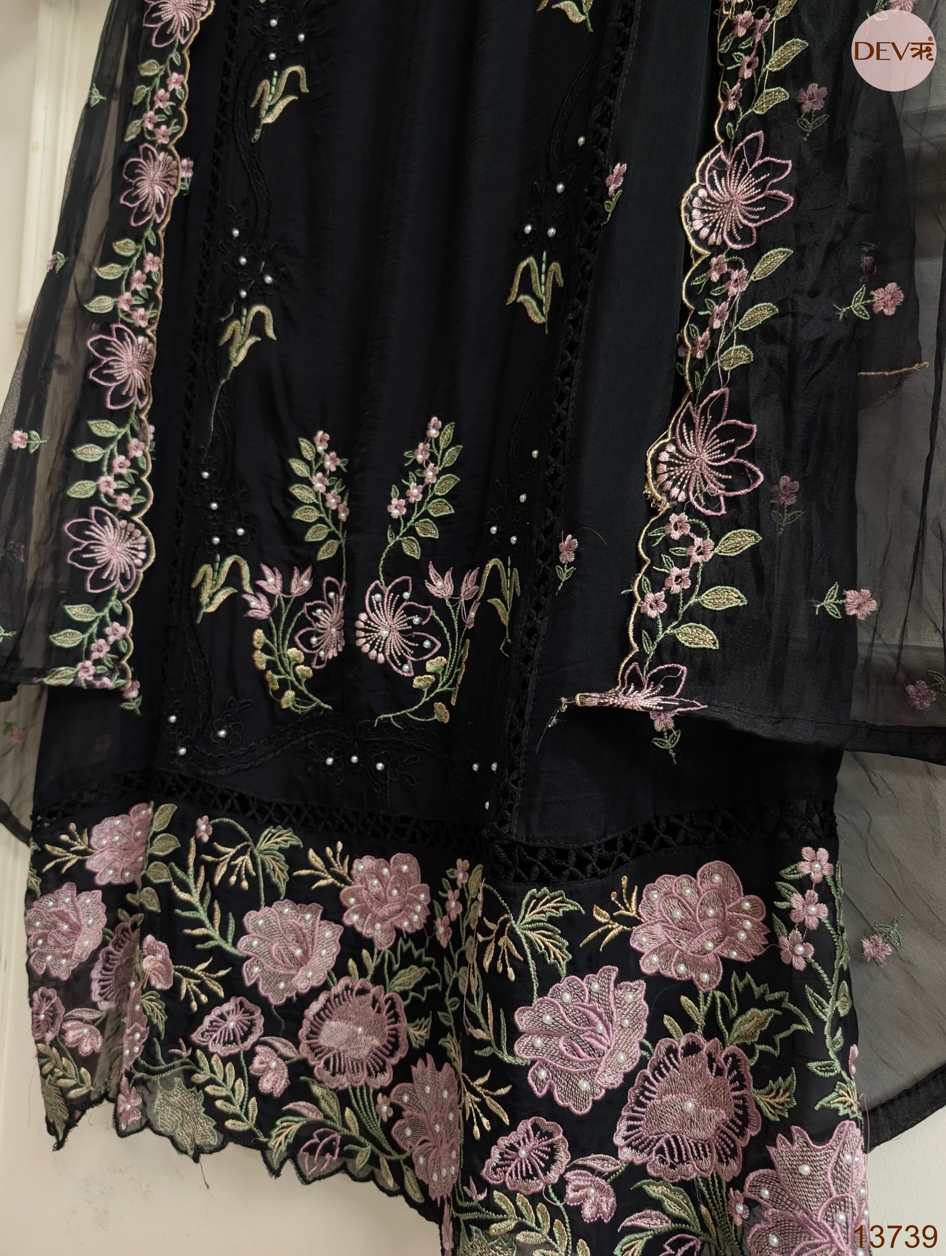 Black Organza Embroidered Unstitched 3-Piece Suit (Devri – D.No 13739)