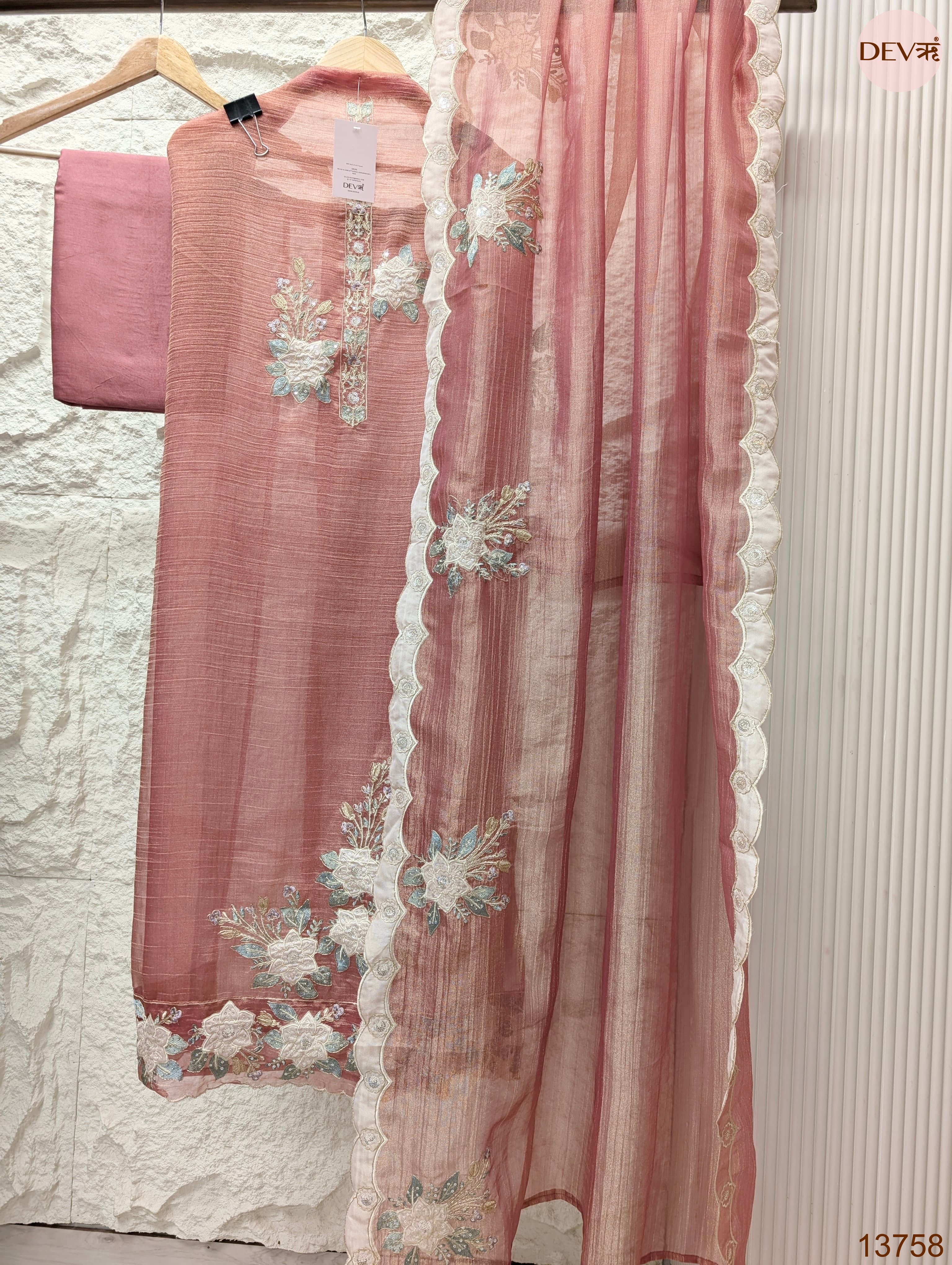 Pink Tissue Crush Silk Embroidered Unstitched 3-Piece Suit (Devri – D.No 13758)