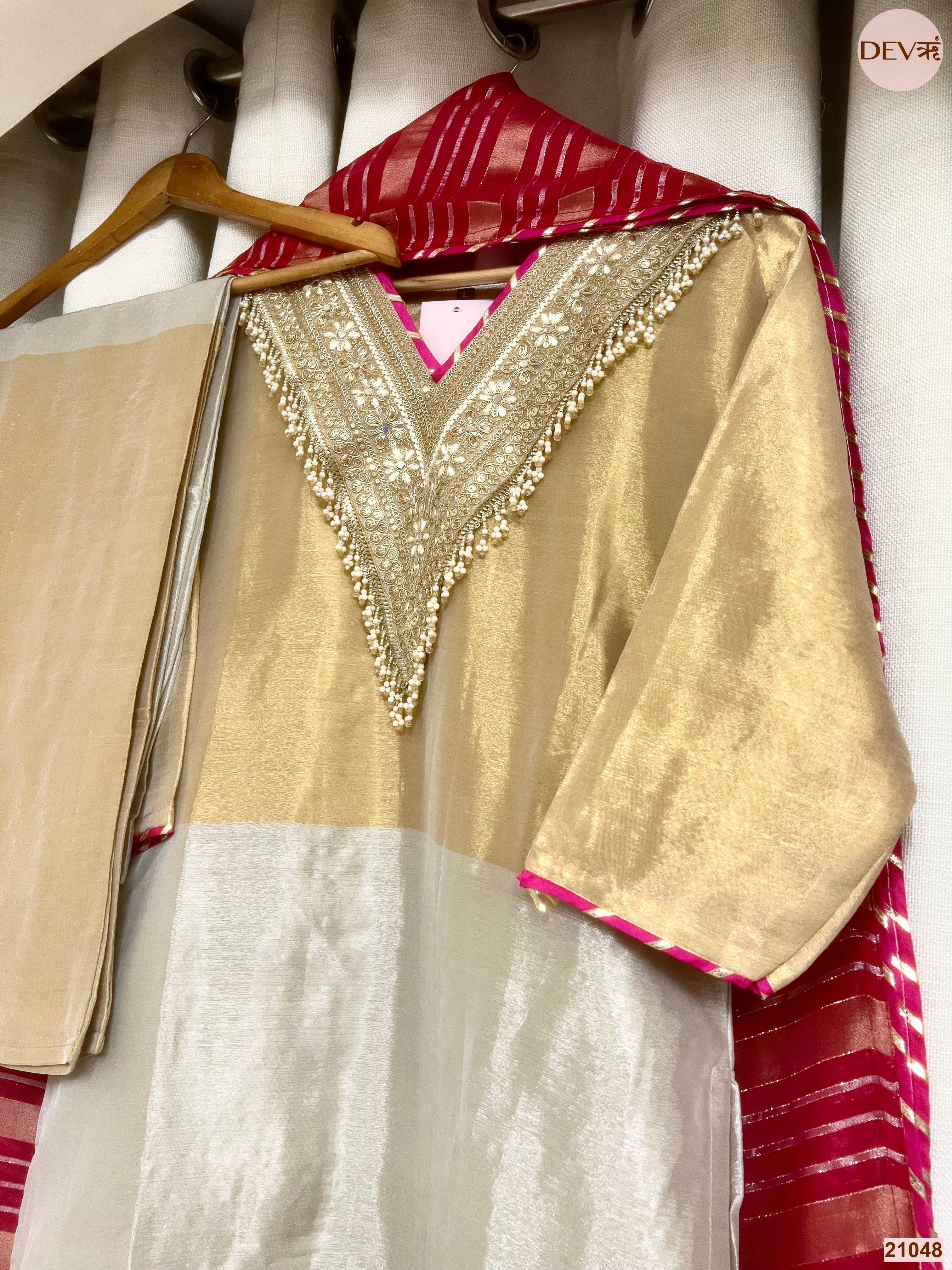 Zareen Tissue Silk Embroidered Gold 3-Piece Set (Devri – D.No 21048)