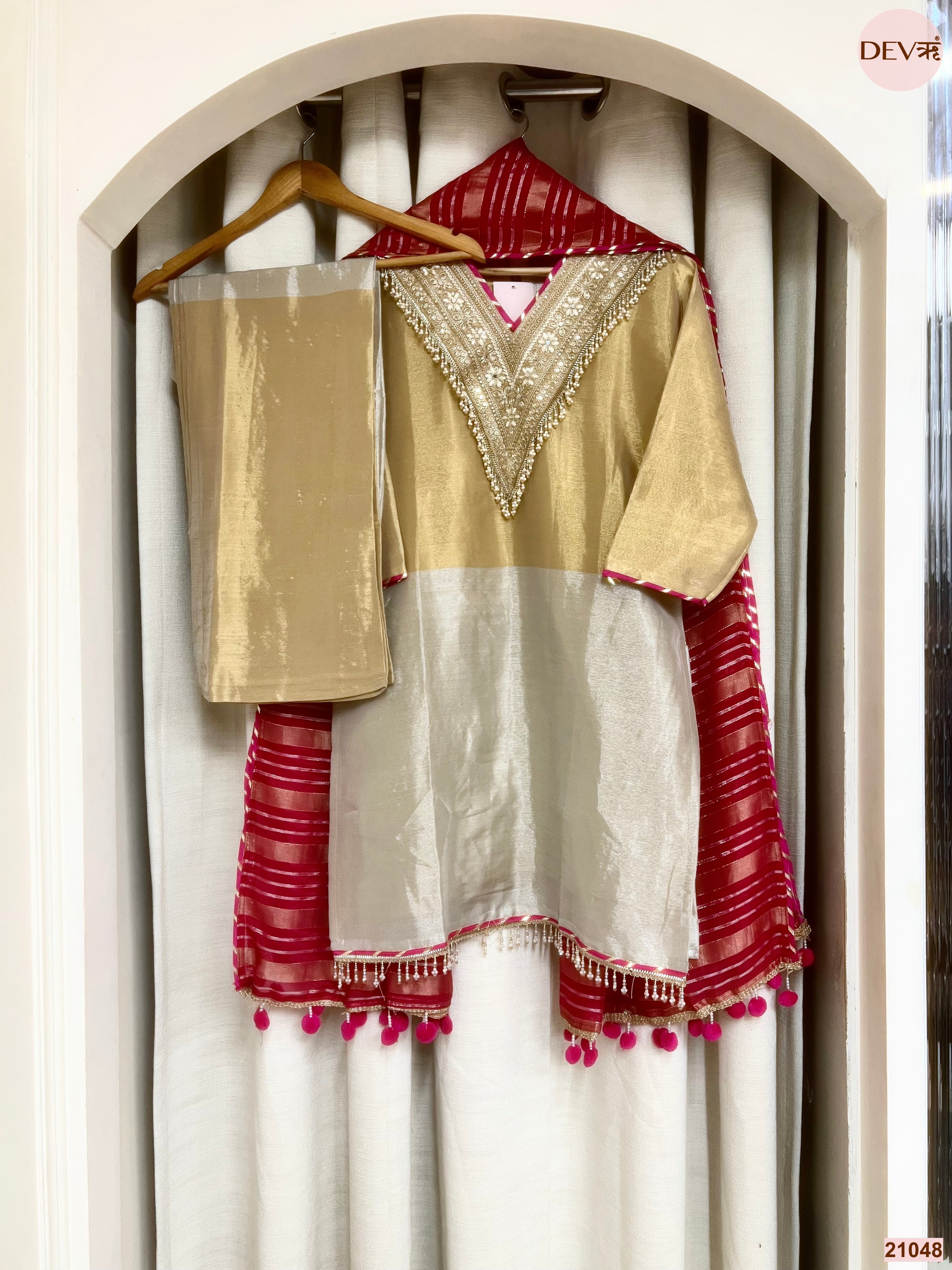 Zareen Tissue Silk Embroidered Gold 3-Piece Set (Devri – D.No 21048)