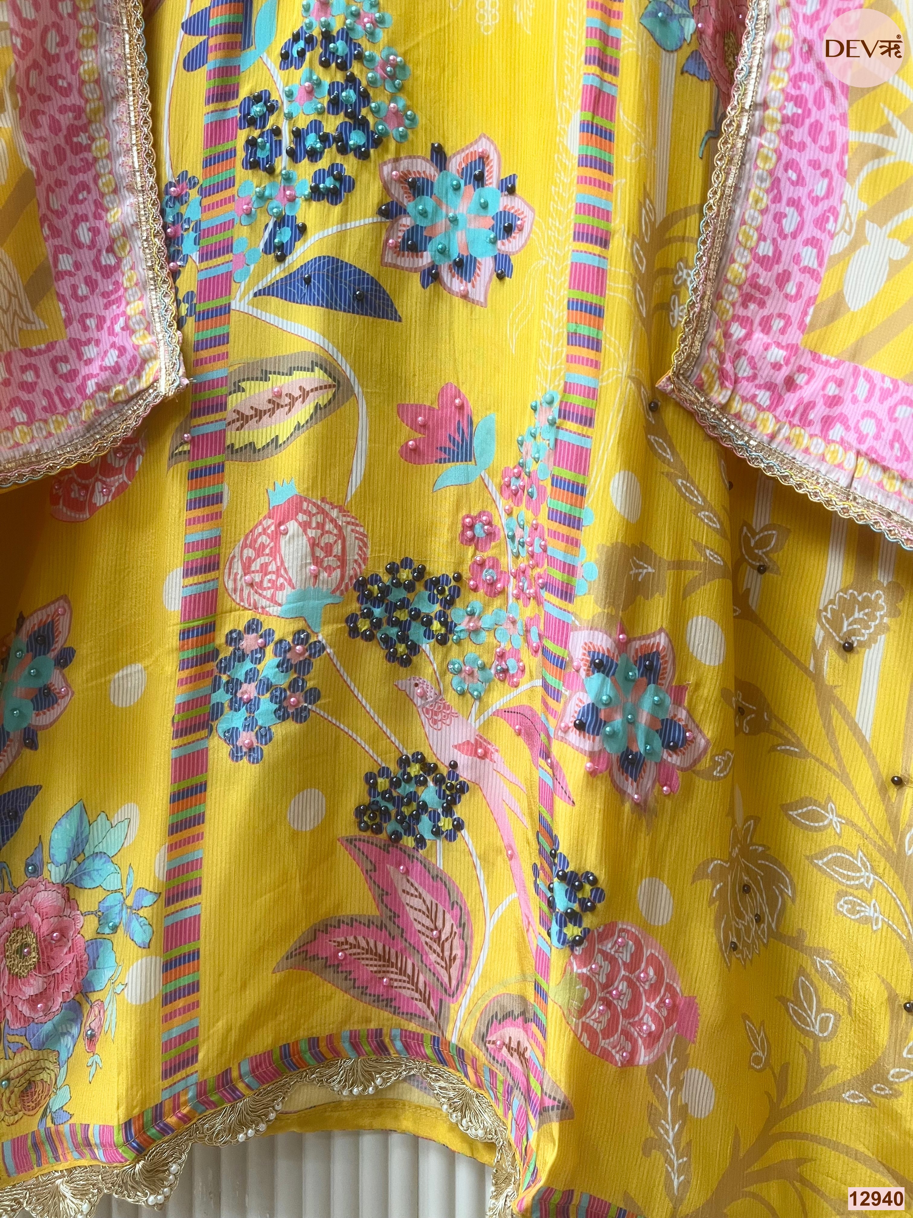 Yellow Natural Crape Printed Unstitched 3-Piece Suit (Devri – D.No 12940)
