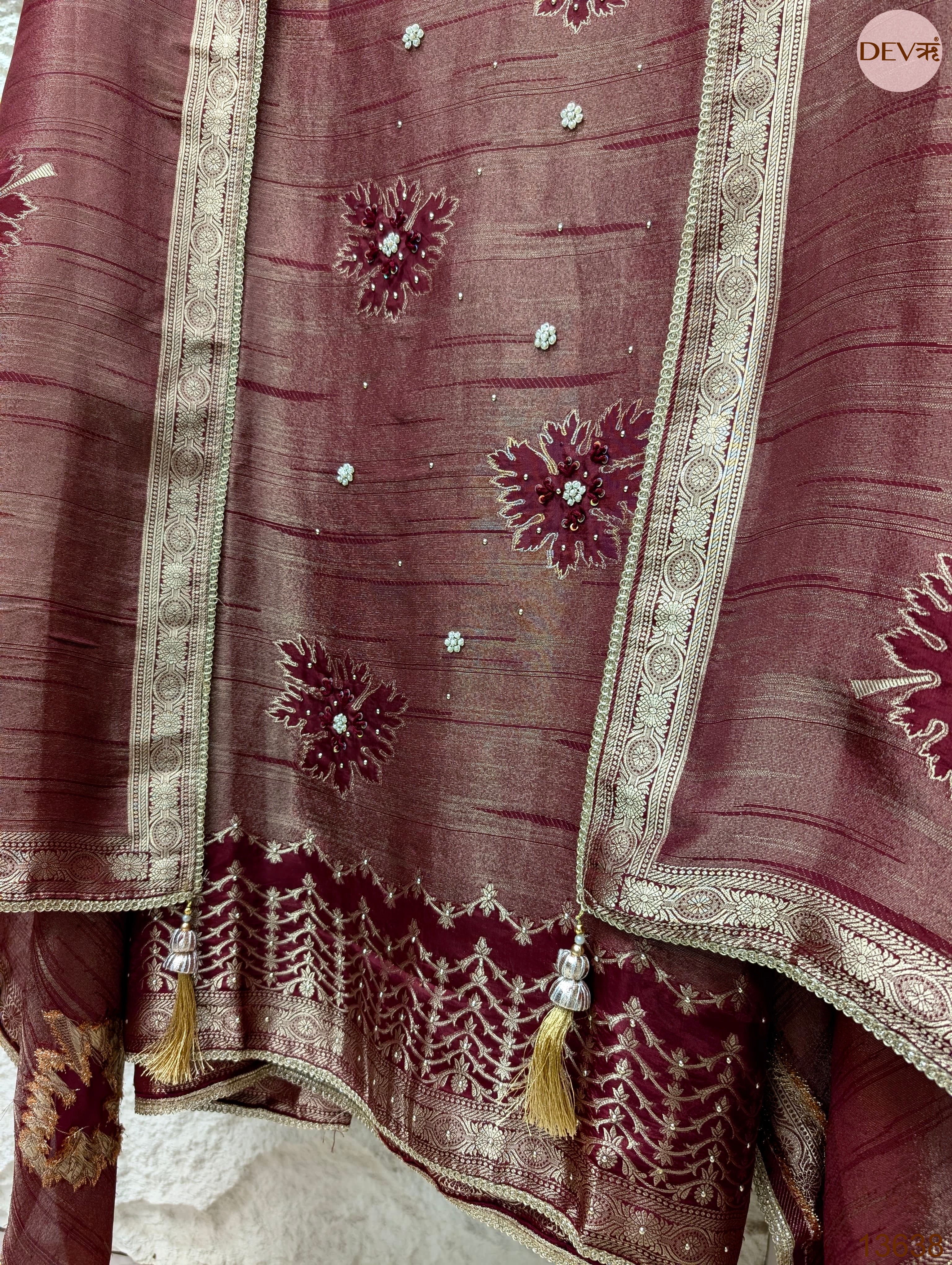 Wine Pure Girafe Banarasi Silk Embroidered Unstitched 3-Piece Suit (Devri – D.No 13638)