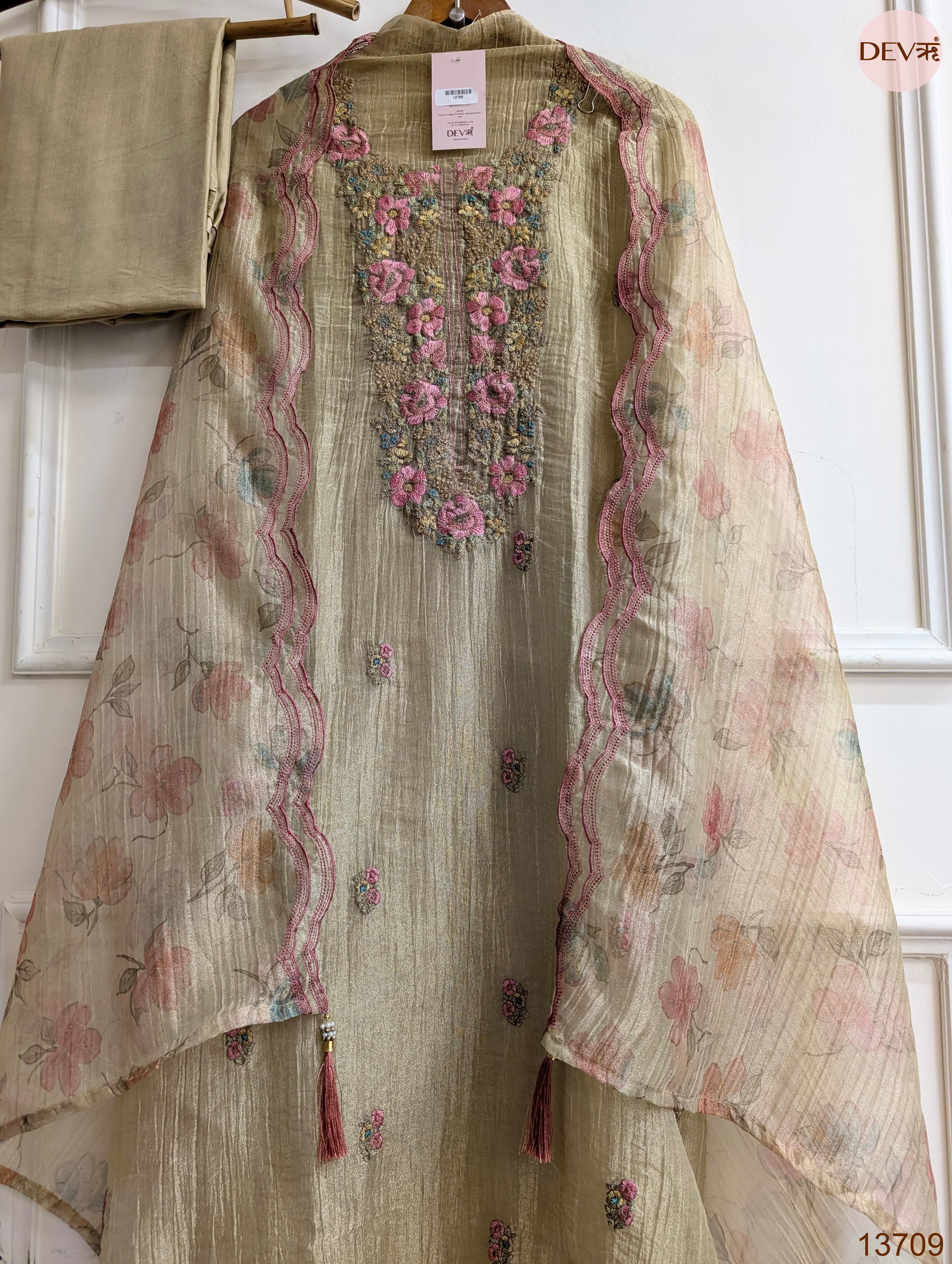 Beige Crush Tissue Silk Embroidered Unstitched 3-Piece Suit (Devri – D.No 13709)