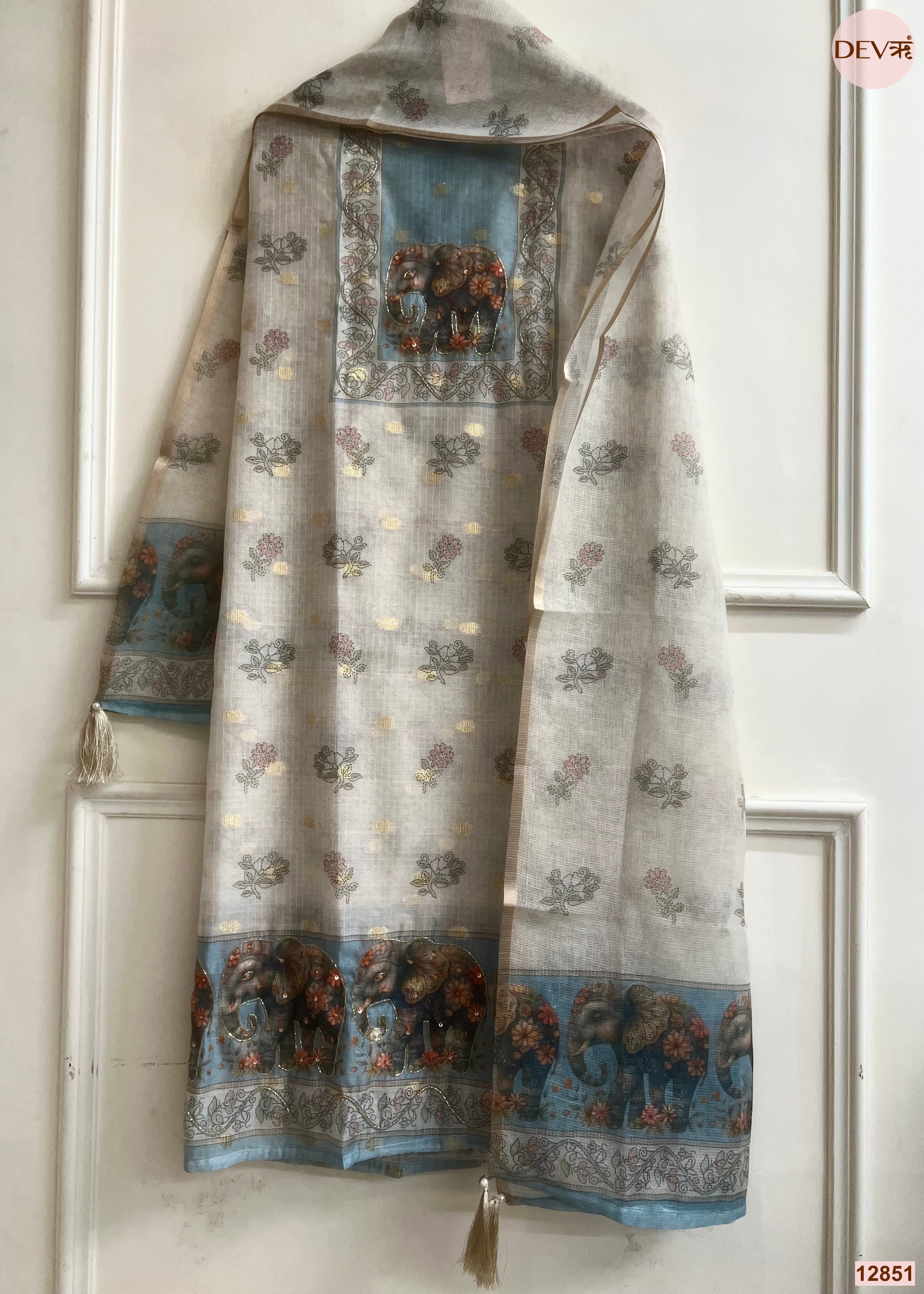 Blue Linen Cotton Printed Unstitched 3-Piece Suit (Devri – D.No 12851)