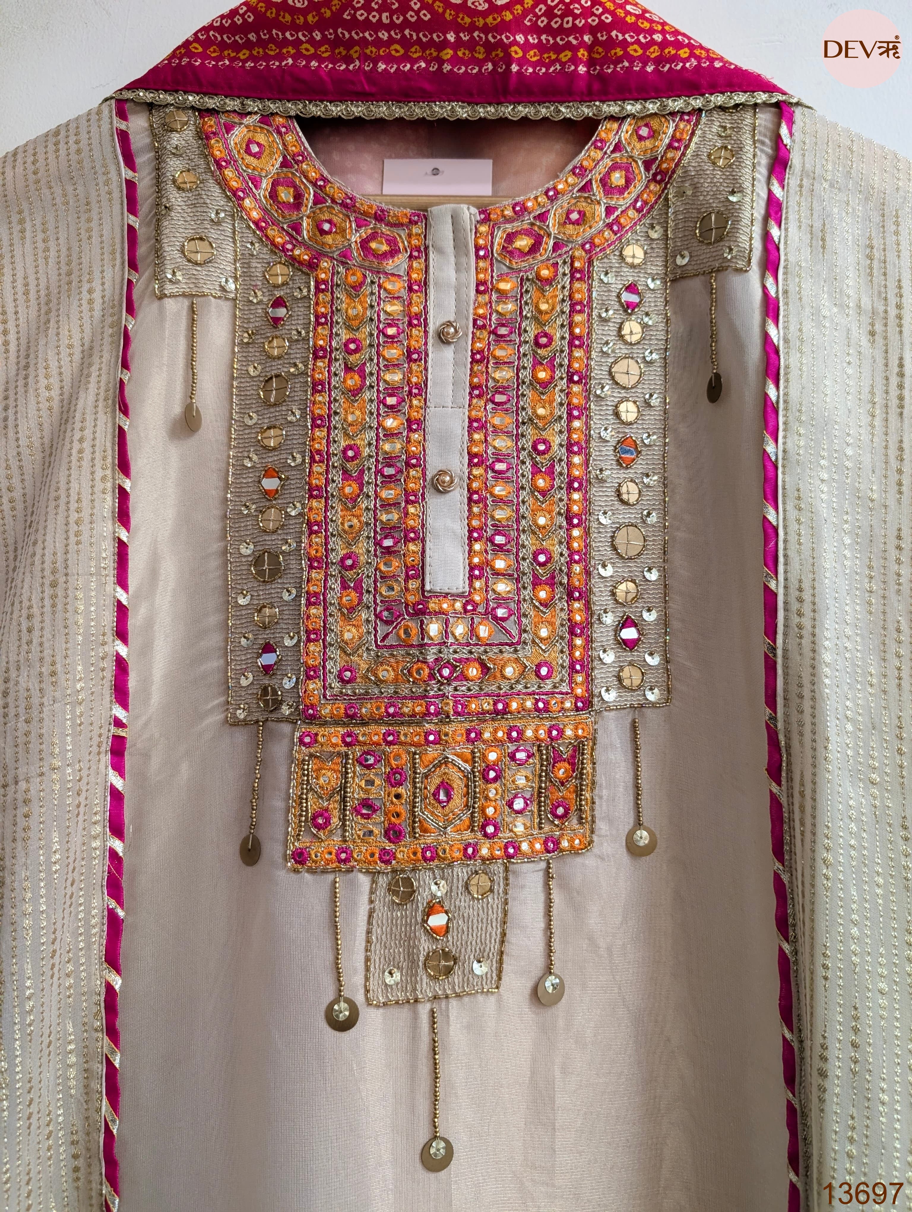 Beige Tissue Silk Hand Unstitched 3-Piece Suit (Devri – D.No 13697)