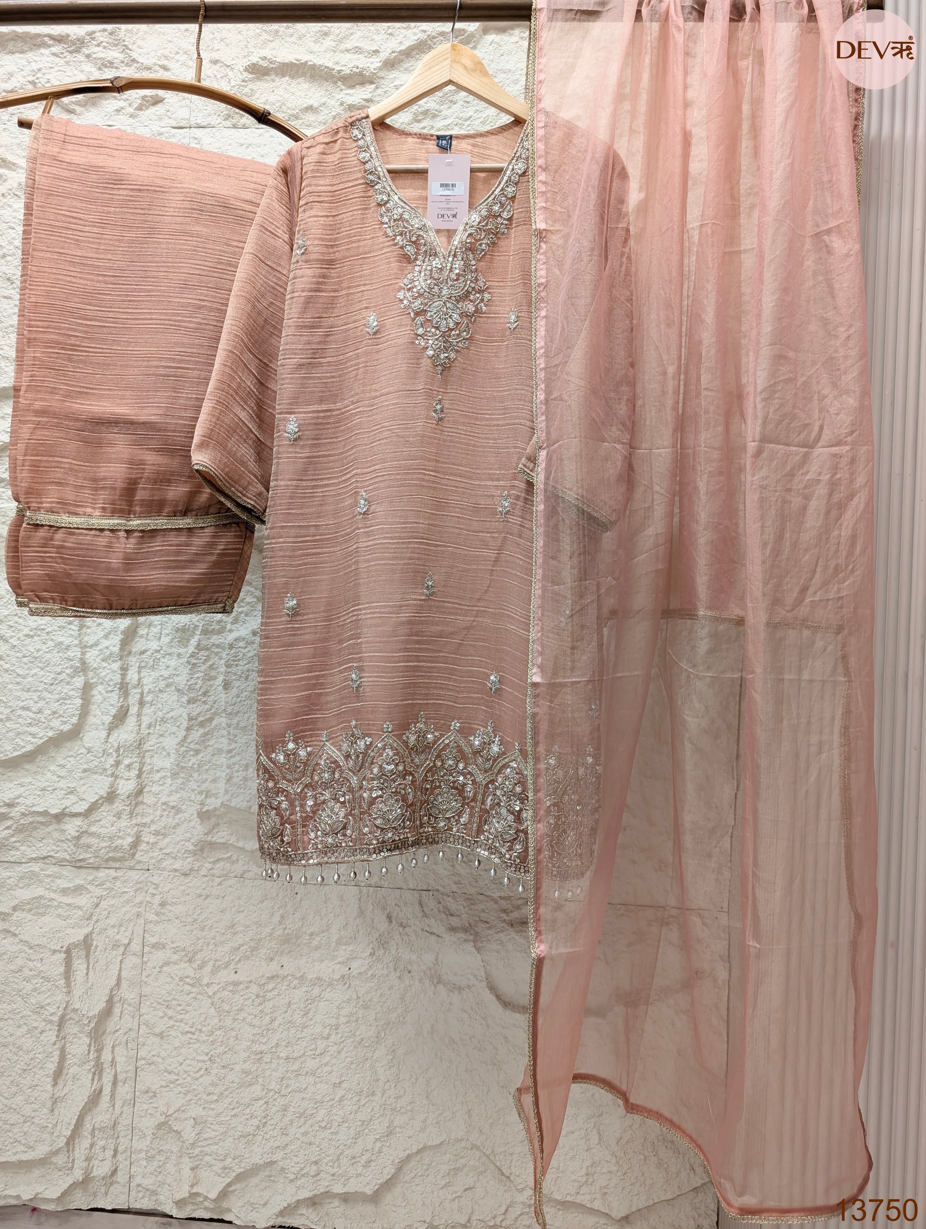 Gulrang Tissue silk blend Embroidered Peach 3-Piece Set (Devri – D.No 13750)
