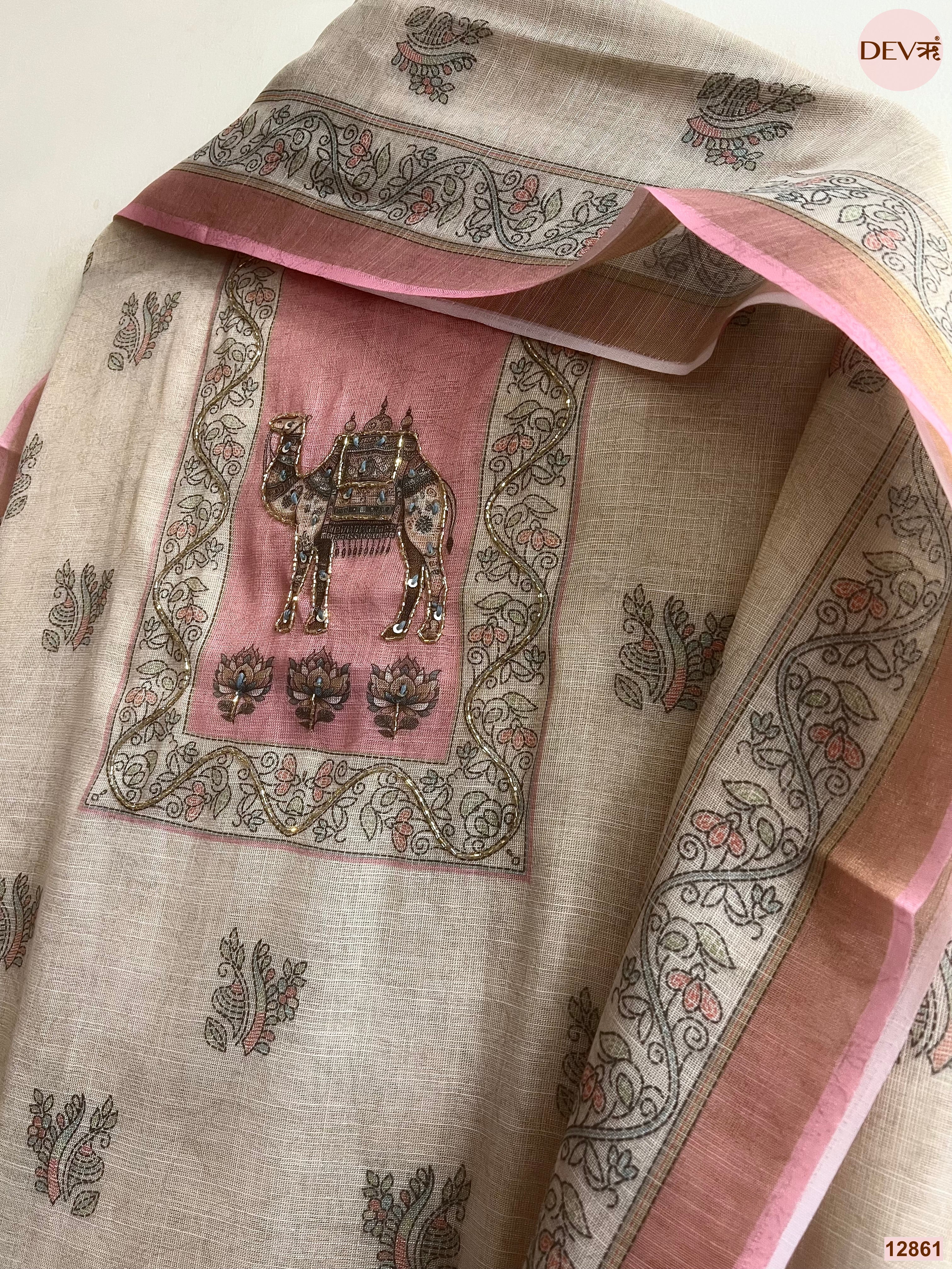 Pink Linen Cotton Printed Unstitched 3-Piece Suit (Devri – D.No 12861)