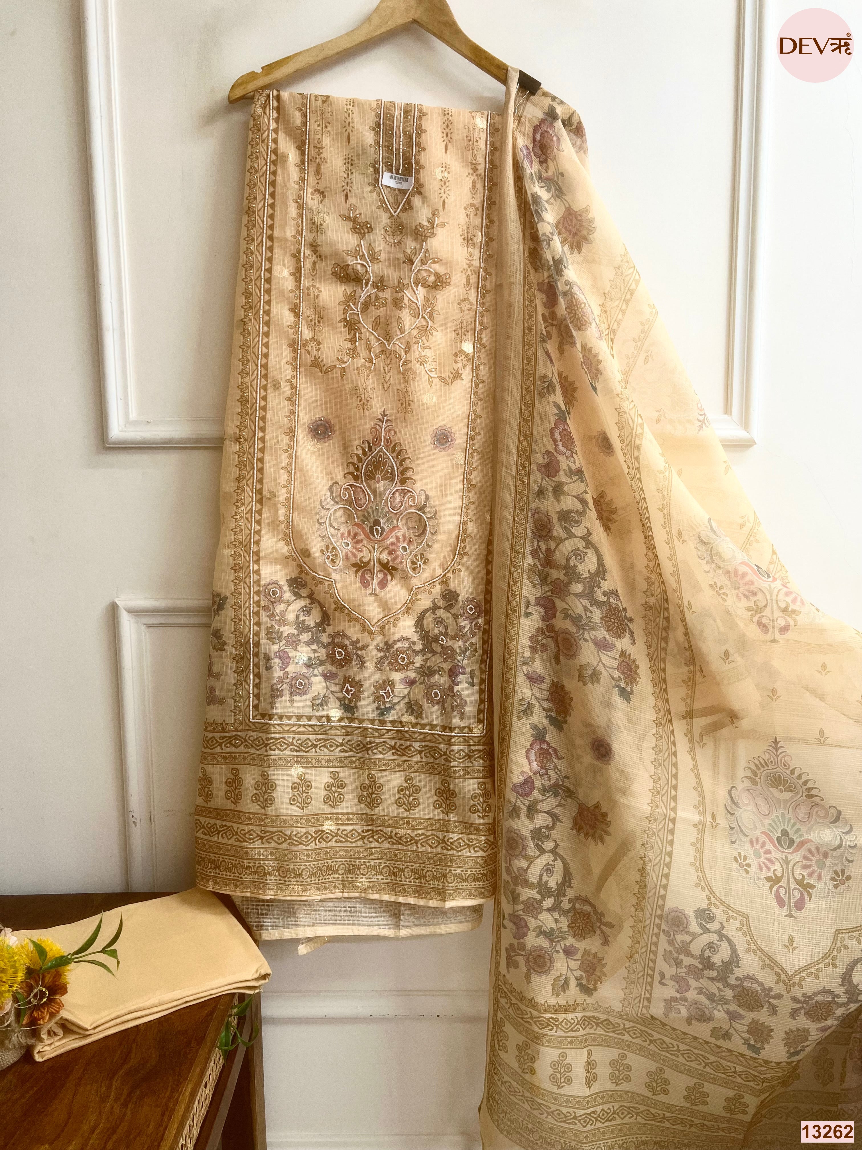 Beige Kota Printed Unstitched 3-Piece Suit (Devri – D.No 13262)