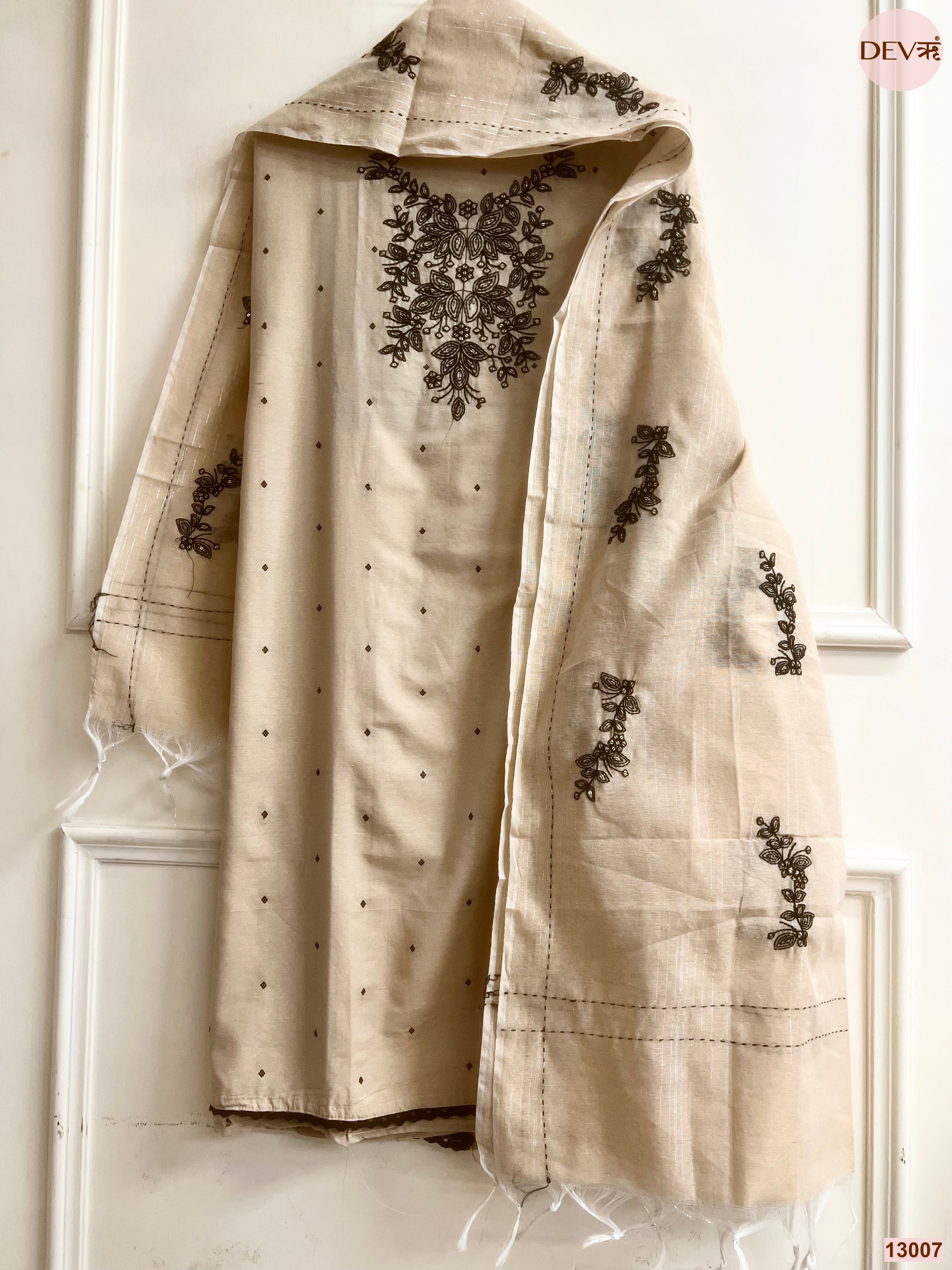 Beige Cotton Handloom Embroidered Unstitched 3-Piece Suit (Devri – D.No 13007)