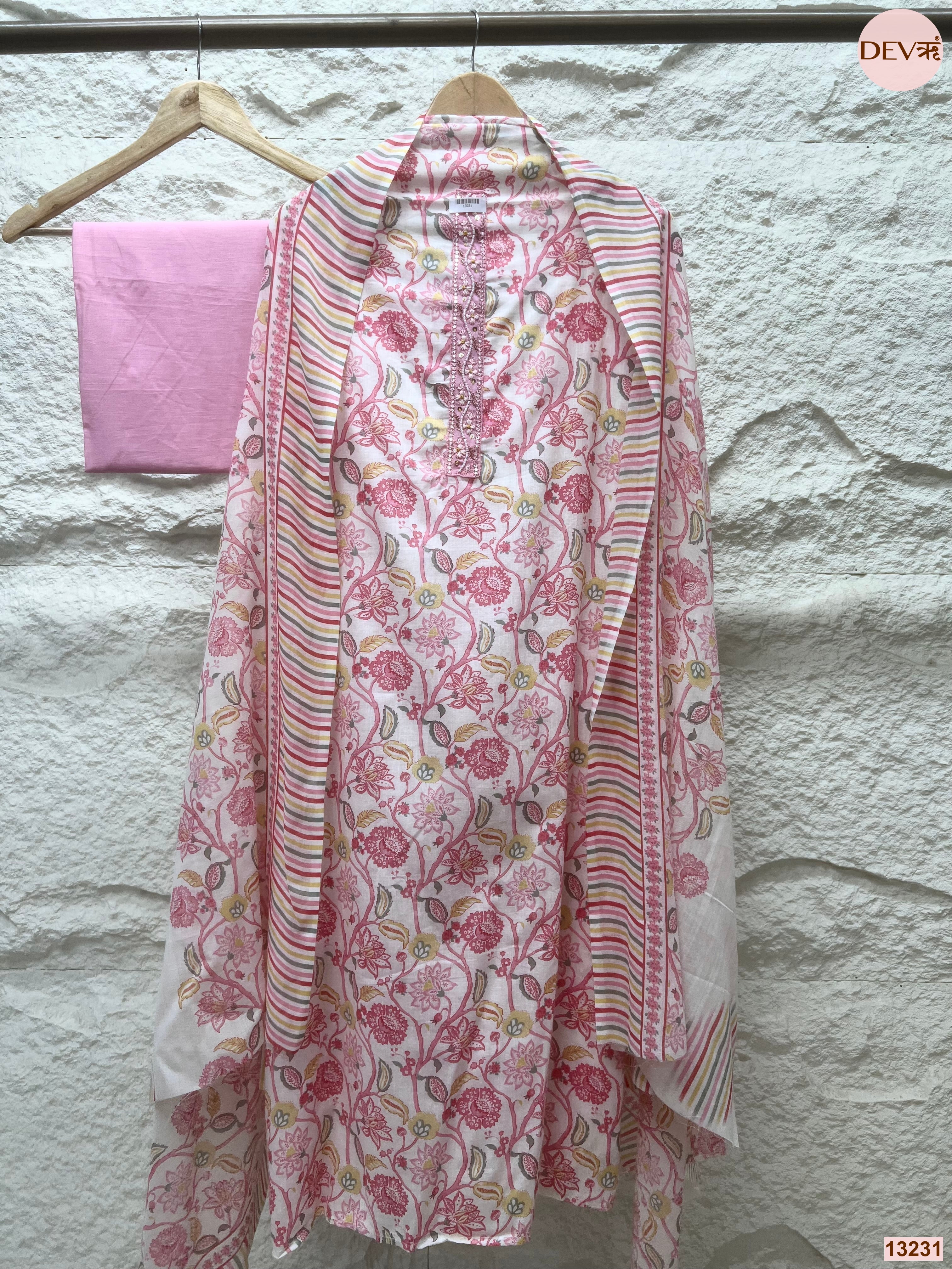Pink Cotton Printed Unstitched 3-Piece Suit (Devri – D.No 13231)