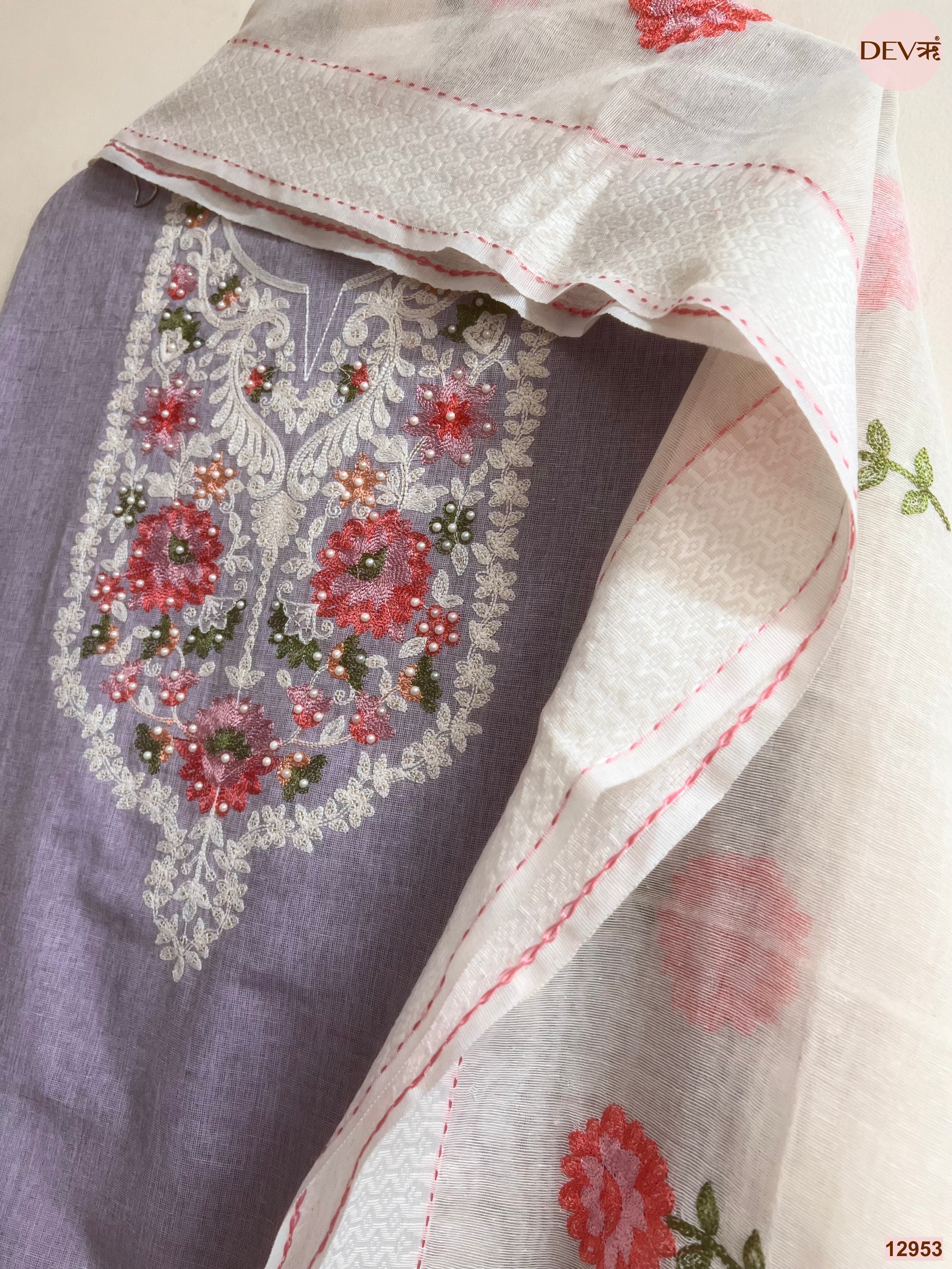 Lavender Cotton Handloom Embroidered Unstitched 3-Piece Suit (Devri – D.No 12953)