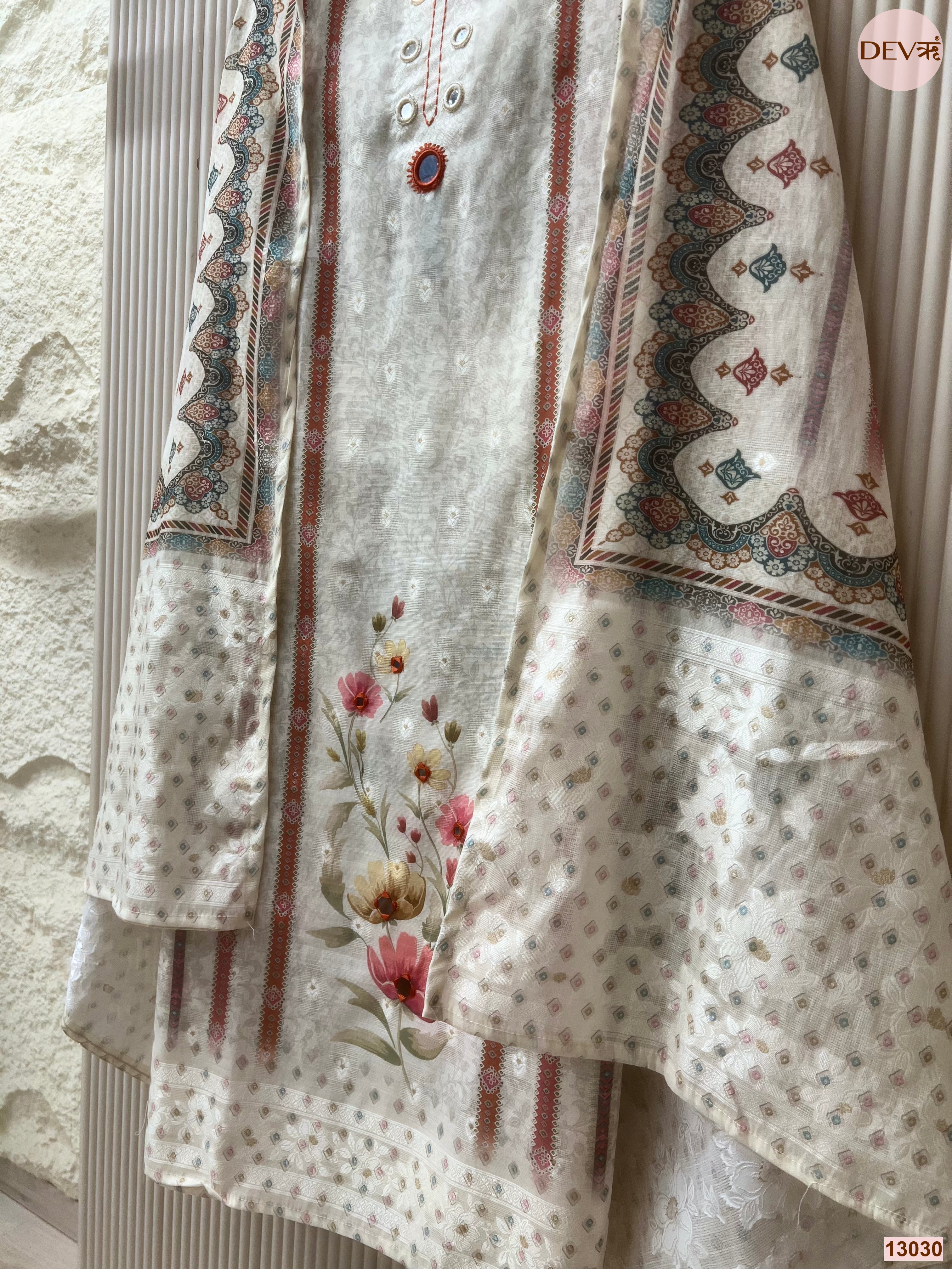 Off White Pure Linen Cotton Printed Unstitched 3-Piece Suit (Devri – D.No 13030)