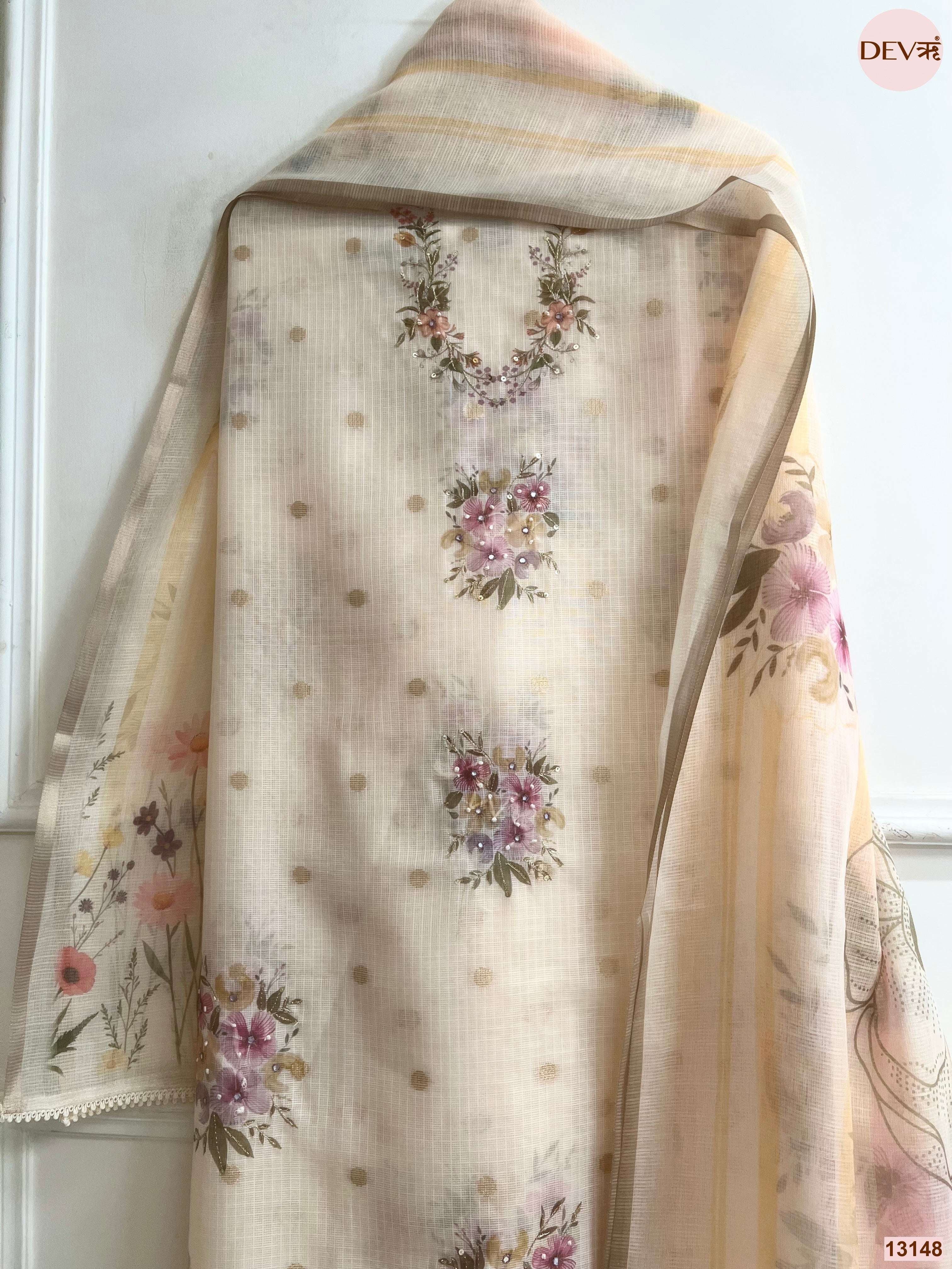 Cream Kota Printed Unstitched 3-Piece Suit (Devri – D.No 13148)