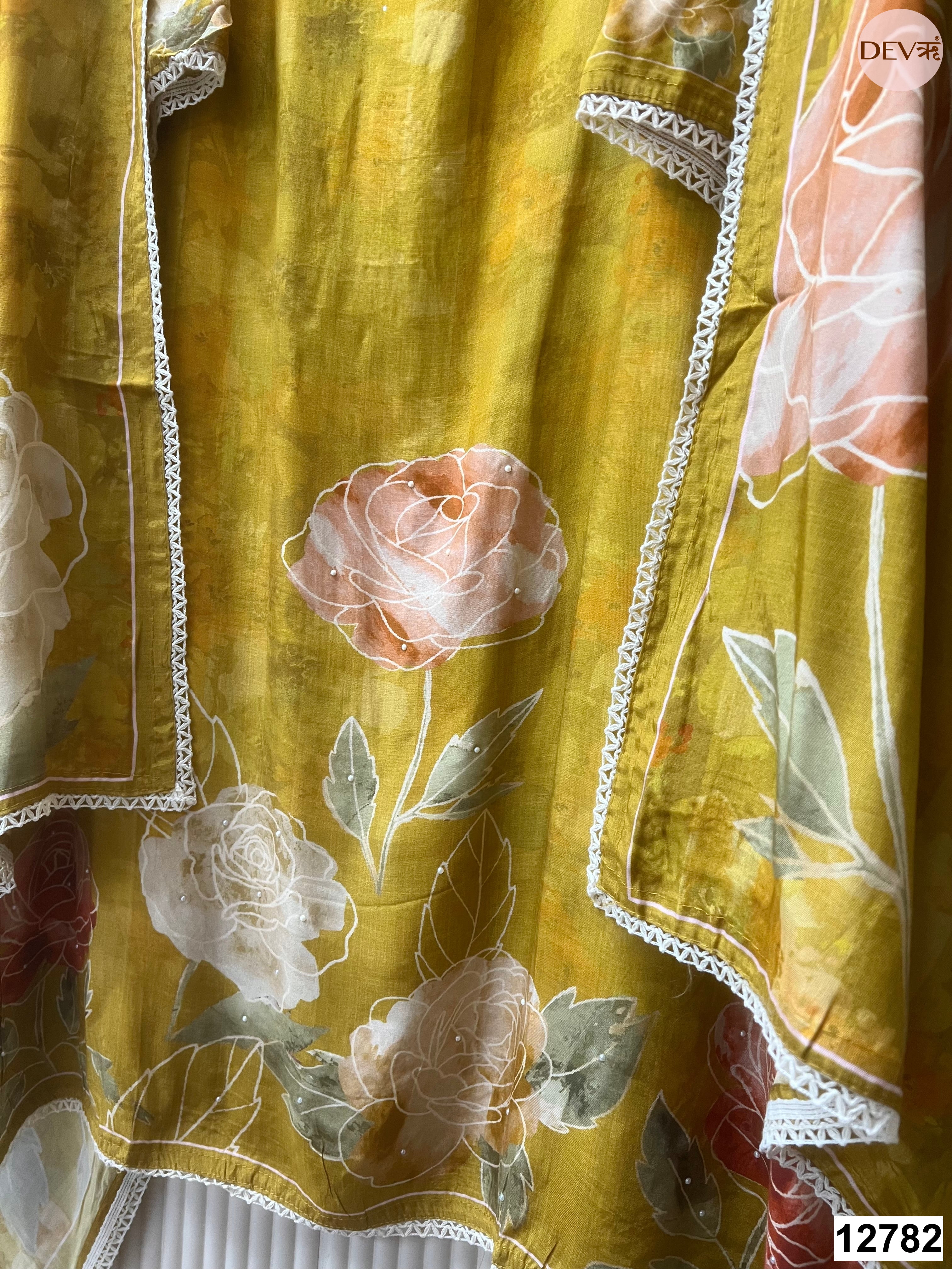 Mustard Muslin Printed Unstitched 3-Piece Suit (Devri – D.No 12782)