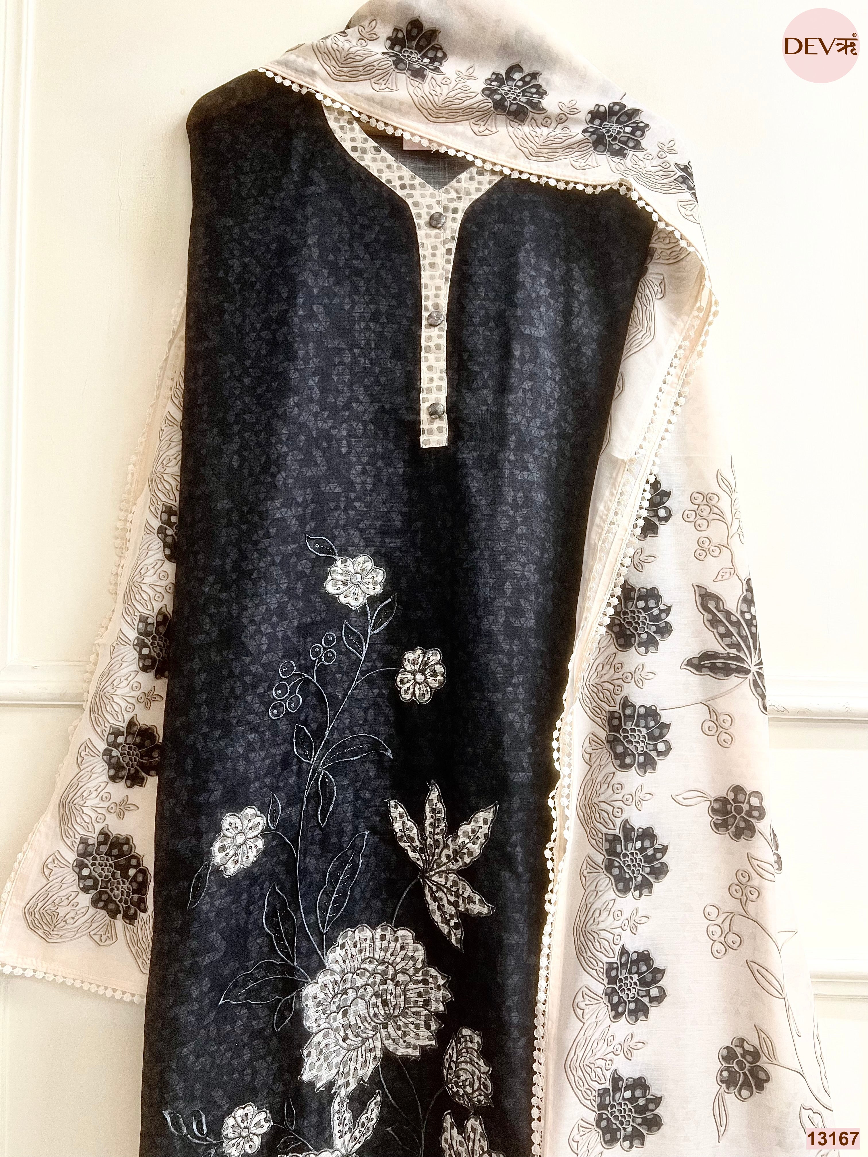Black Linen Cotton Printed Unstitched 3-Piece Suit (Devri – D.No 13167)