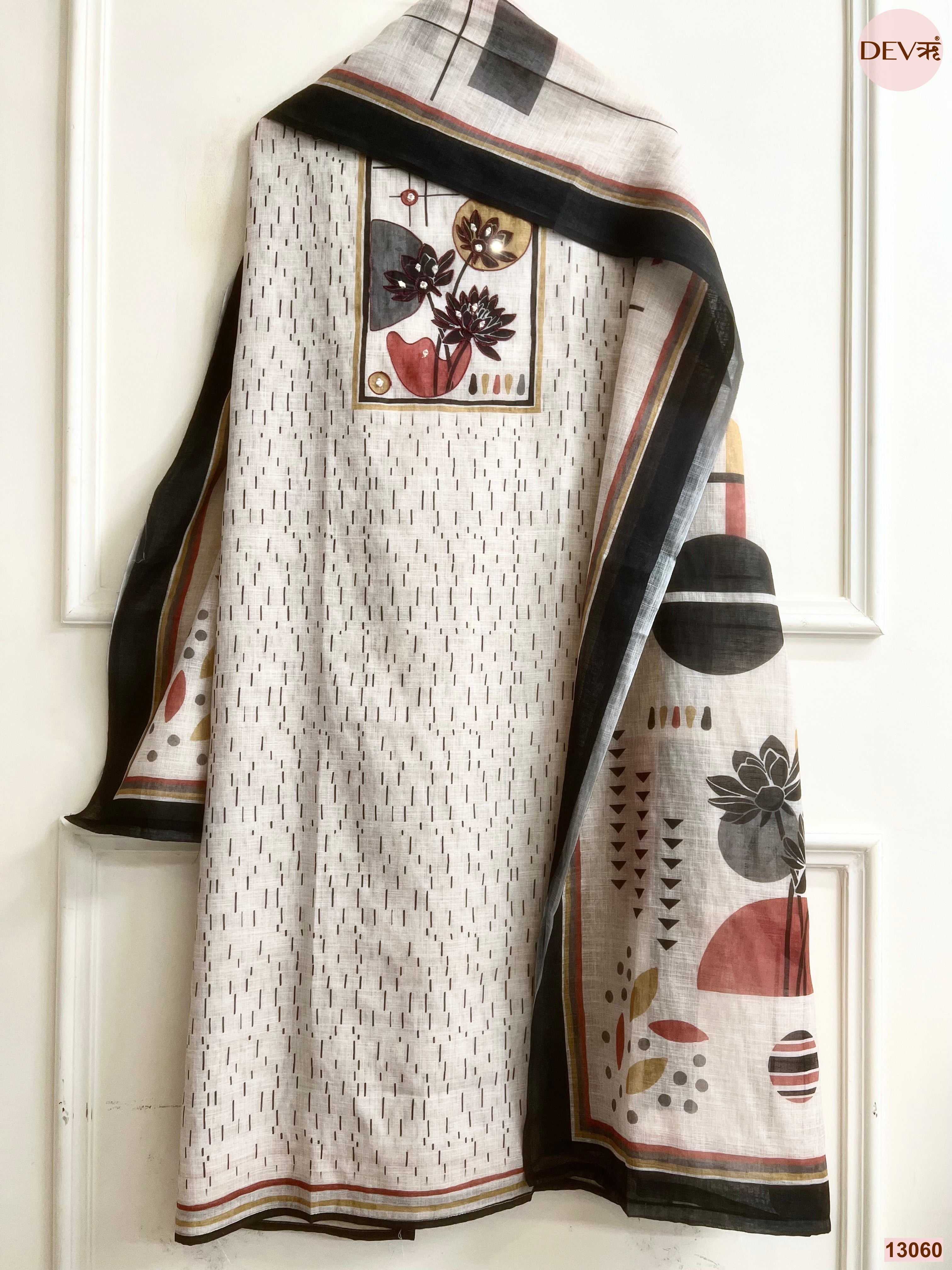 Beige Linen Cotton Printed Unstitched 3-Piece Suit (Devri – D.No 13060)