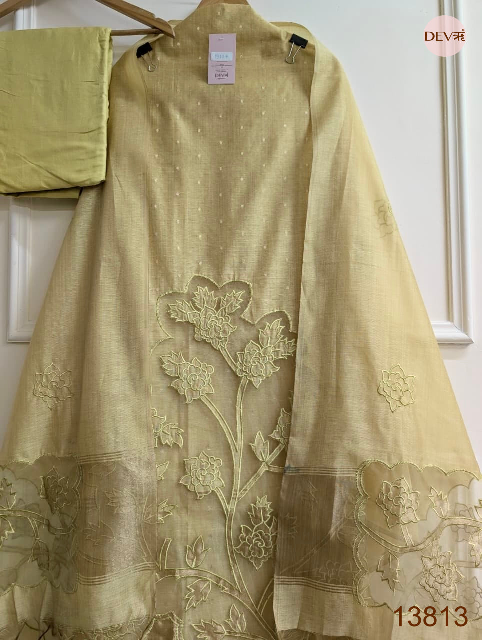 Beige Mul Chanderi Embroidered Unstitched 3-Piece Suit (Devri – D.No 13813)