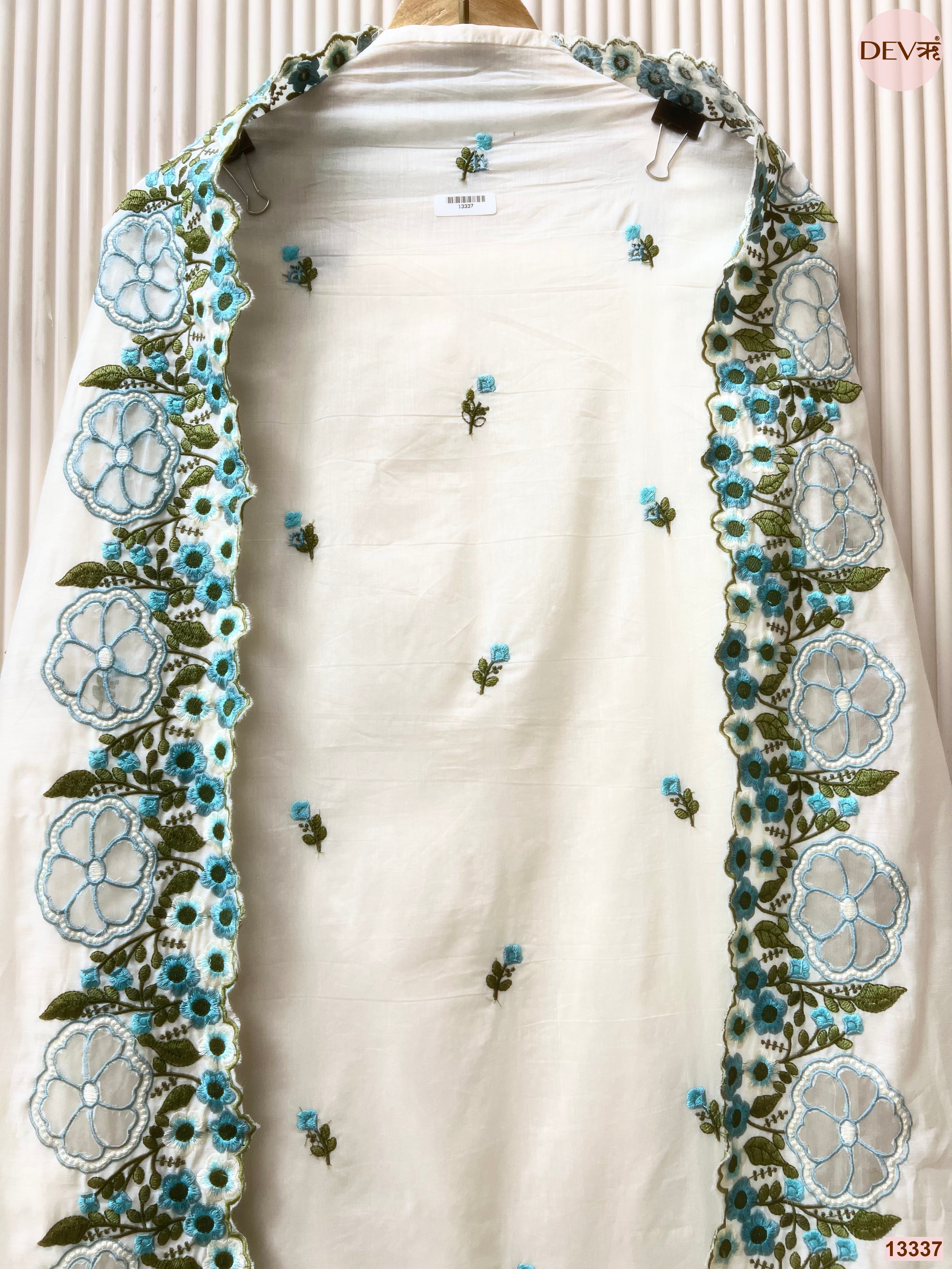White Mul Chanderi Embroidered Unstitched 3-Piece Suit (Devri – D.No 13337)