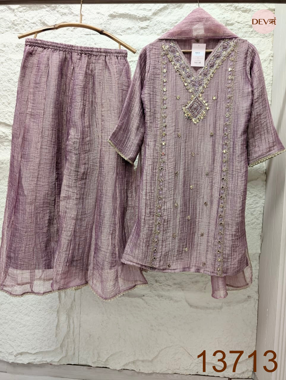 Gulnaar Tissue silk Embroidered Mauve 3-Piece Set (Devri – D.No 13713)