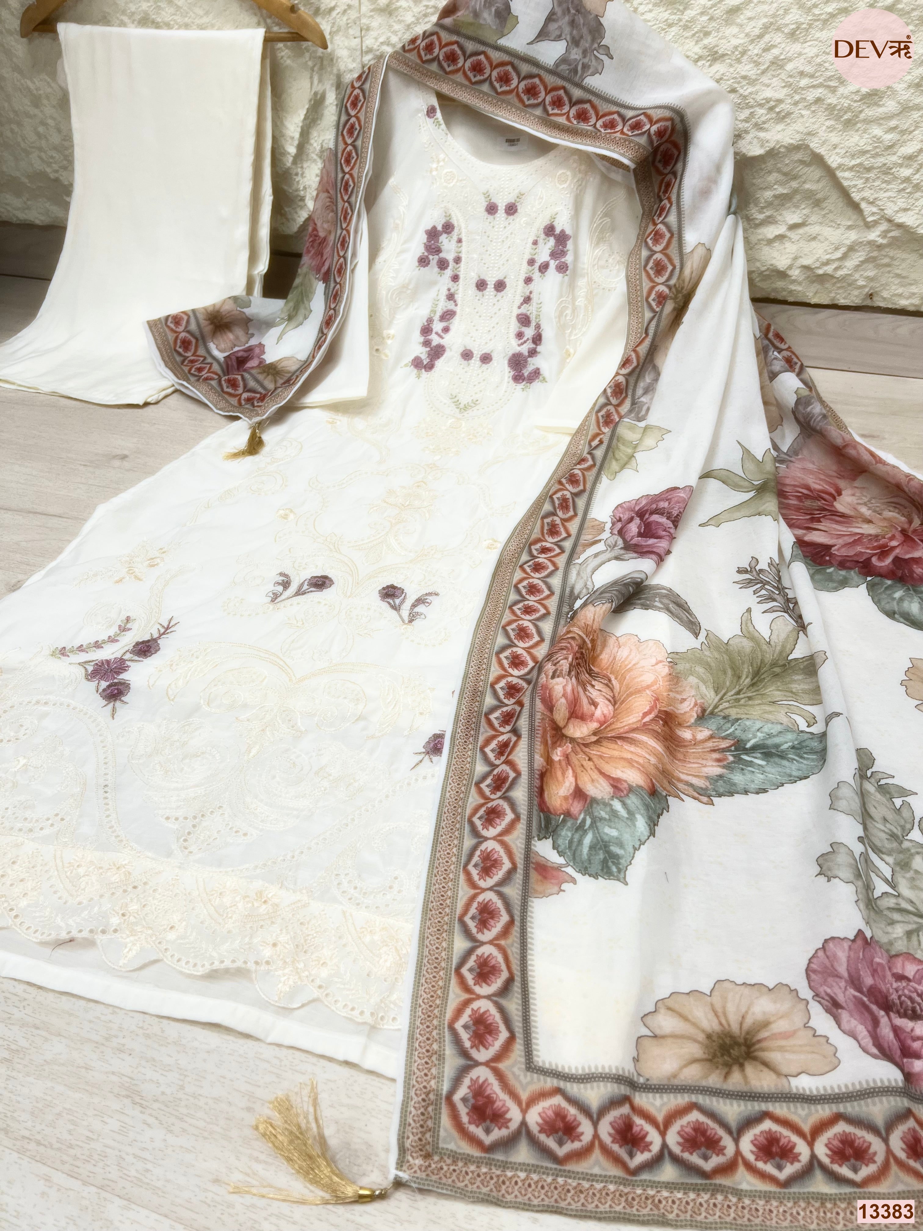 Gulnaar Pure Mul Cotton Embroidered Off-White 3-Piece Set (Devri – D.No 13383)