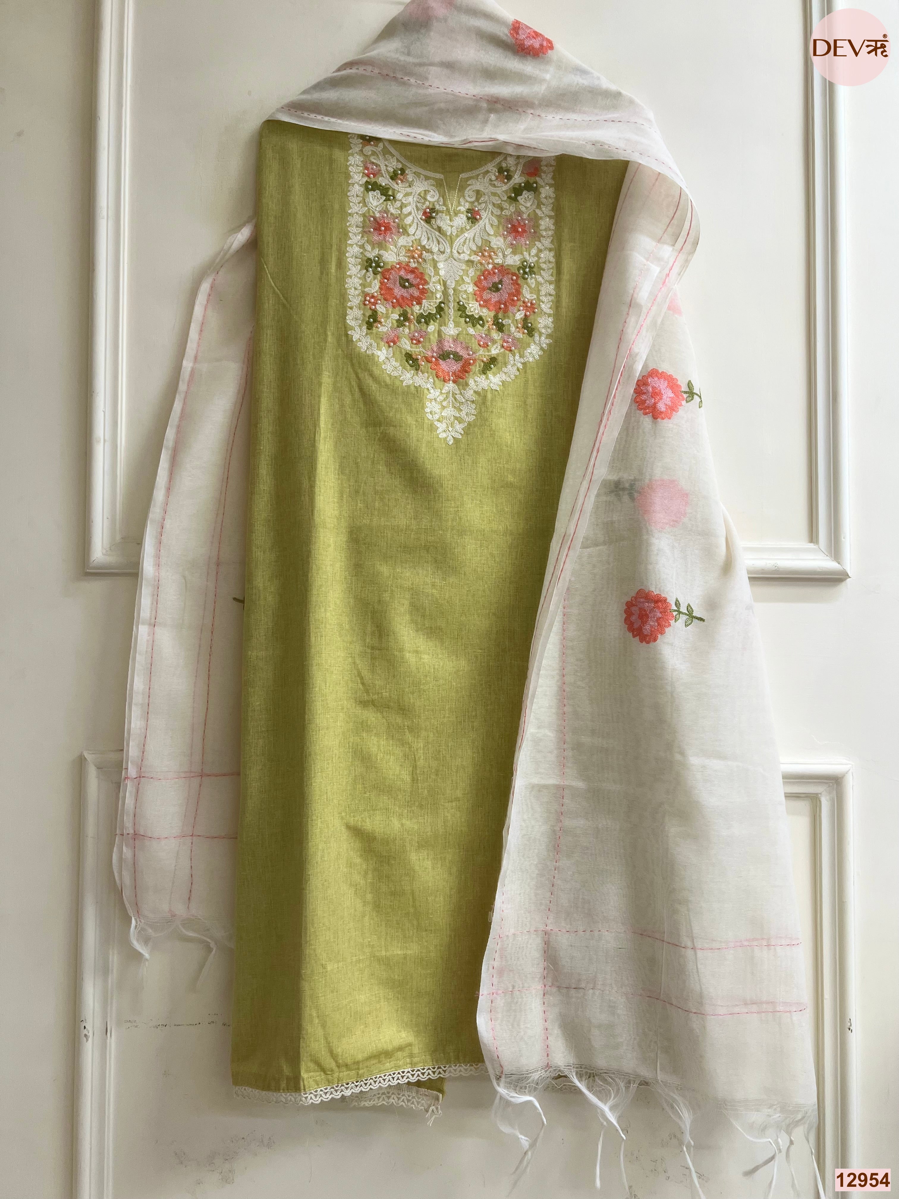 Olive Cotton Handloom Embroidered Unstitched 3-Piece Suit (Devri – D.No 12954)