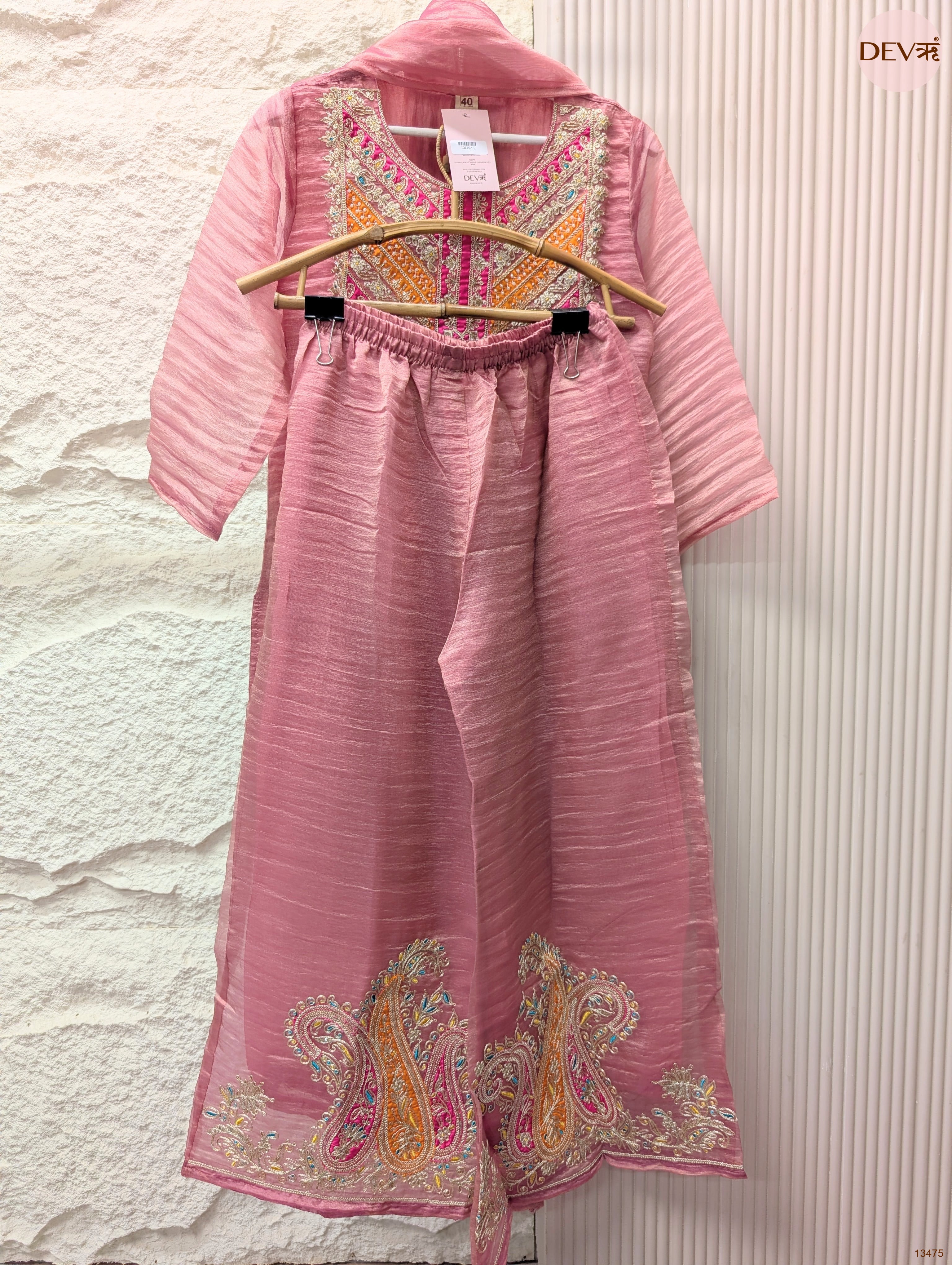 Gulnaar Crush Organza Embroidered Pink 3-Piece Set (Devri – D.No 13475)