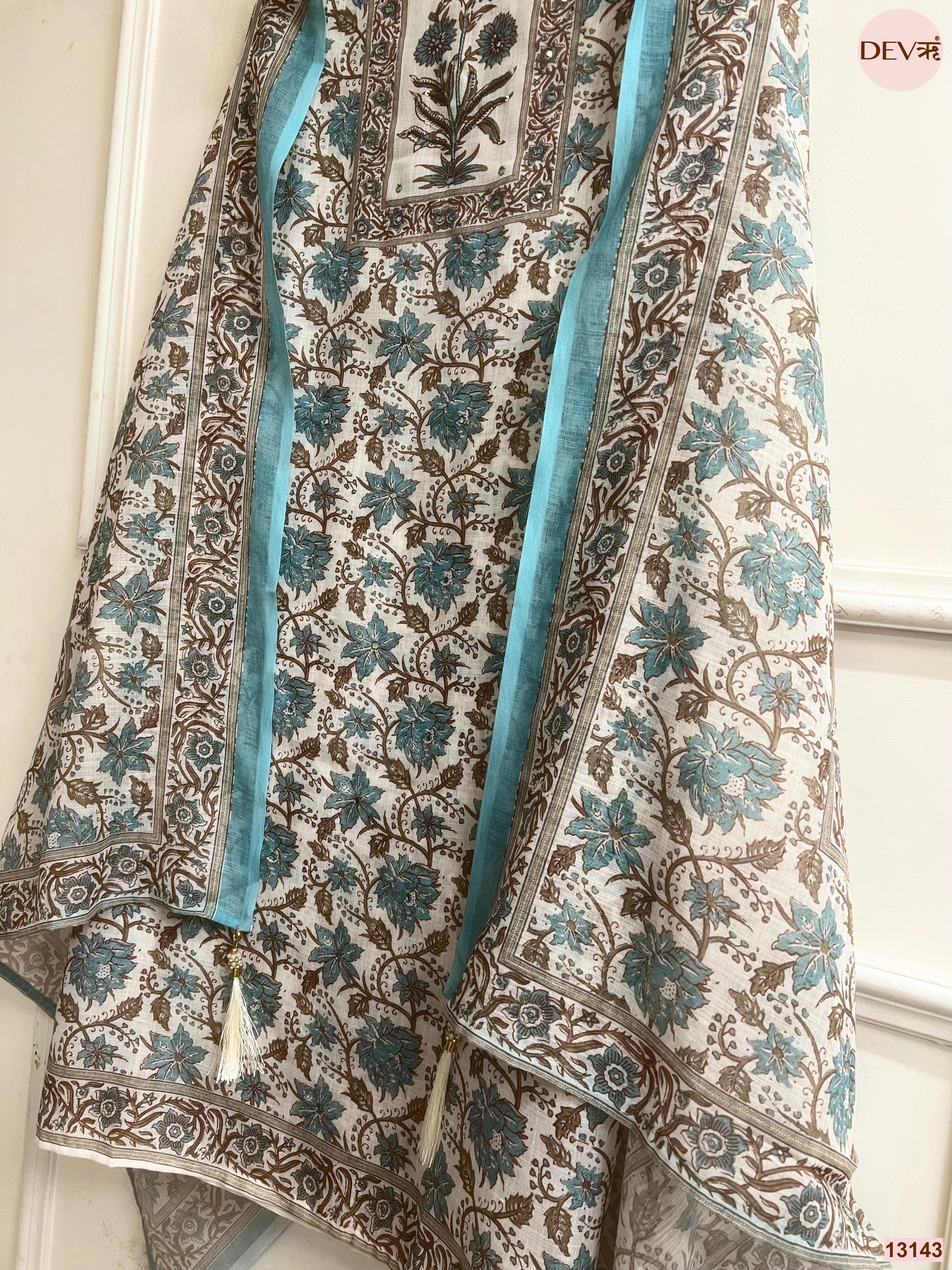 Teal Linen Printed Unstitched 3-Piece Suit (Devri – D.No 13143)