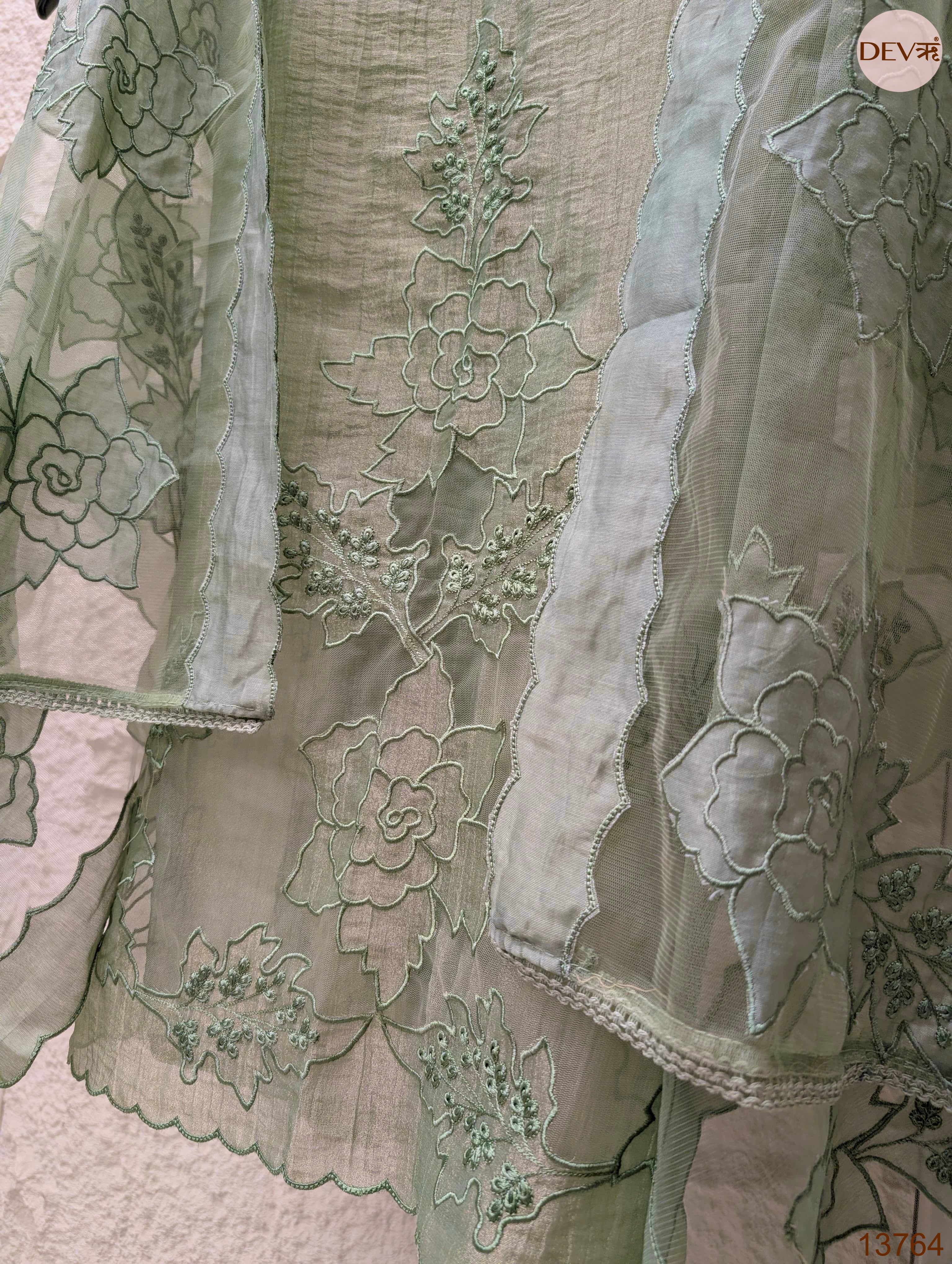 Sage Tissue Silk Embroidered Unstitched 3-Piece Suit (Devri – D.No 13764)