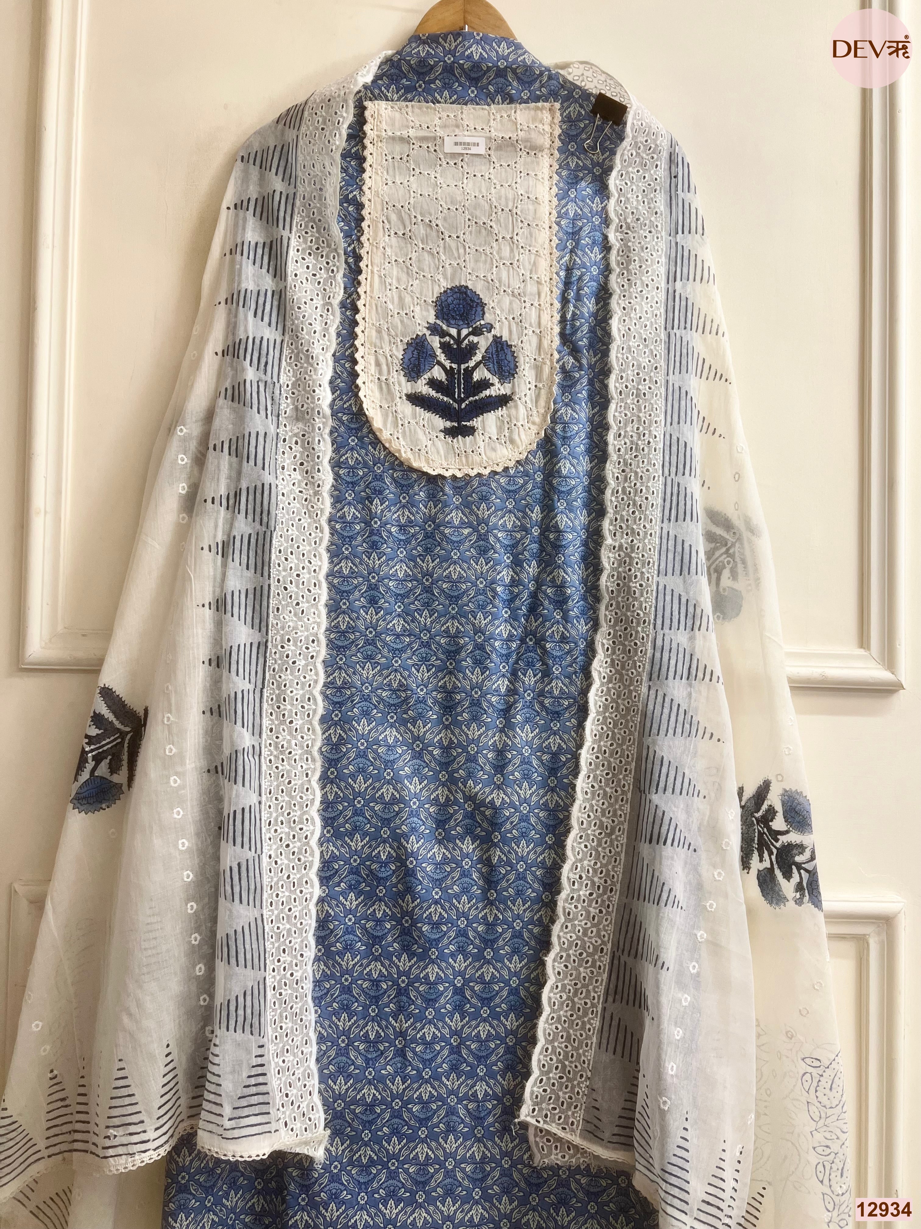 Blue Cotton Printed Unstitched 3-Piece Suit (Devri – D.No 12934)