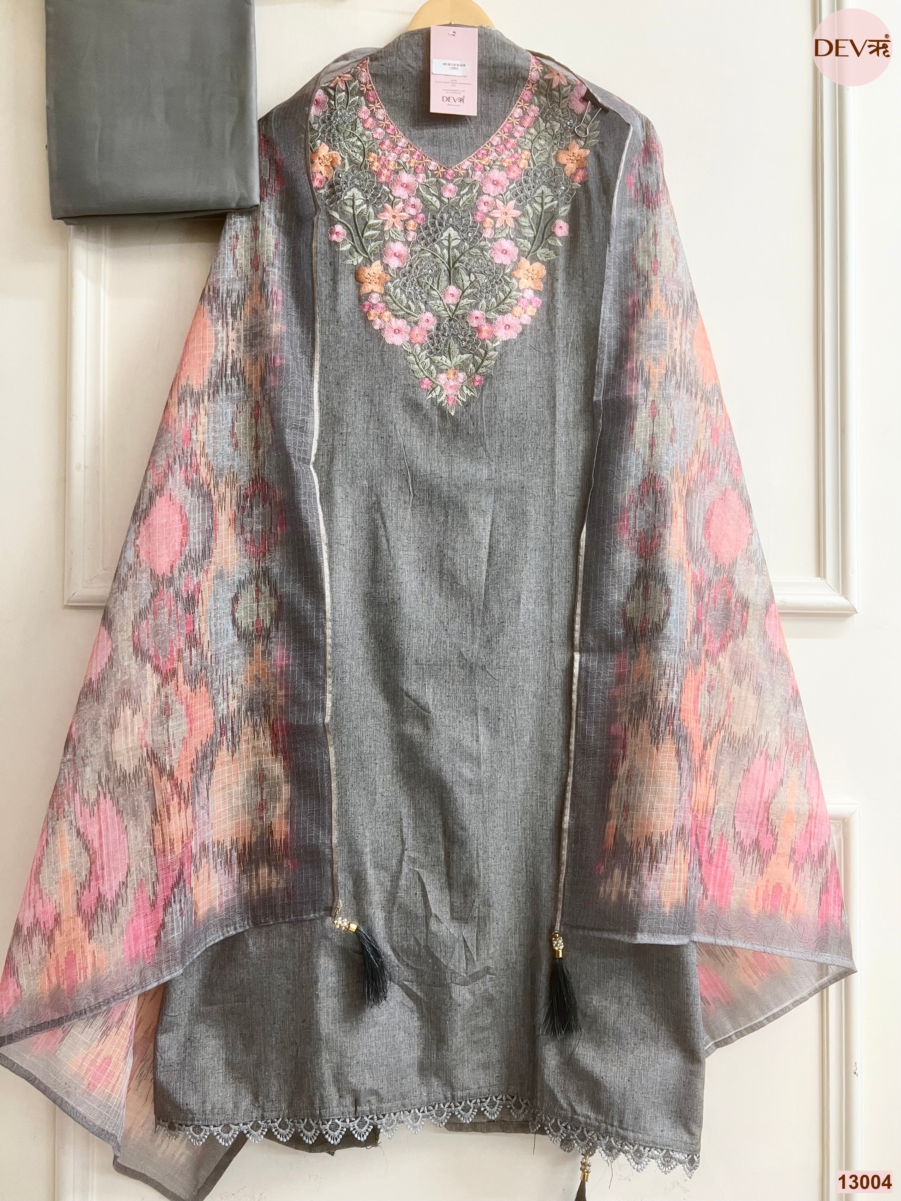 Grey Cotton Handloom Embroidered Unstitched 3-Piece Suit (Devri – D.No 13004)
