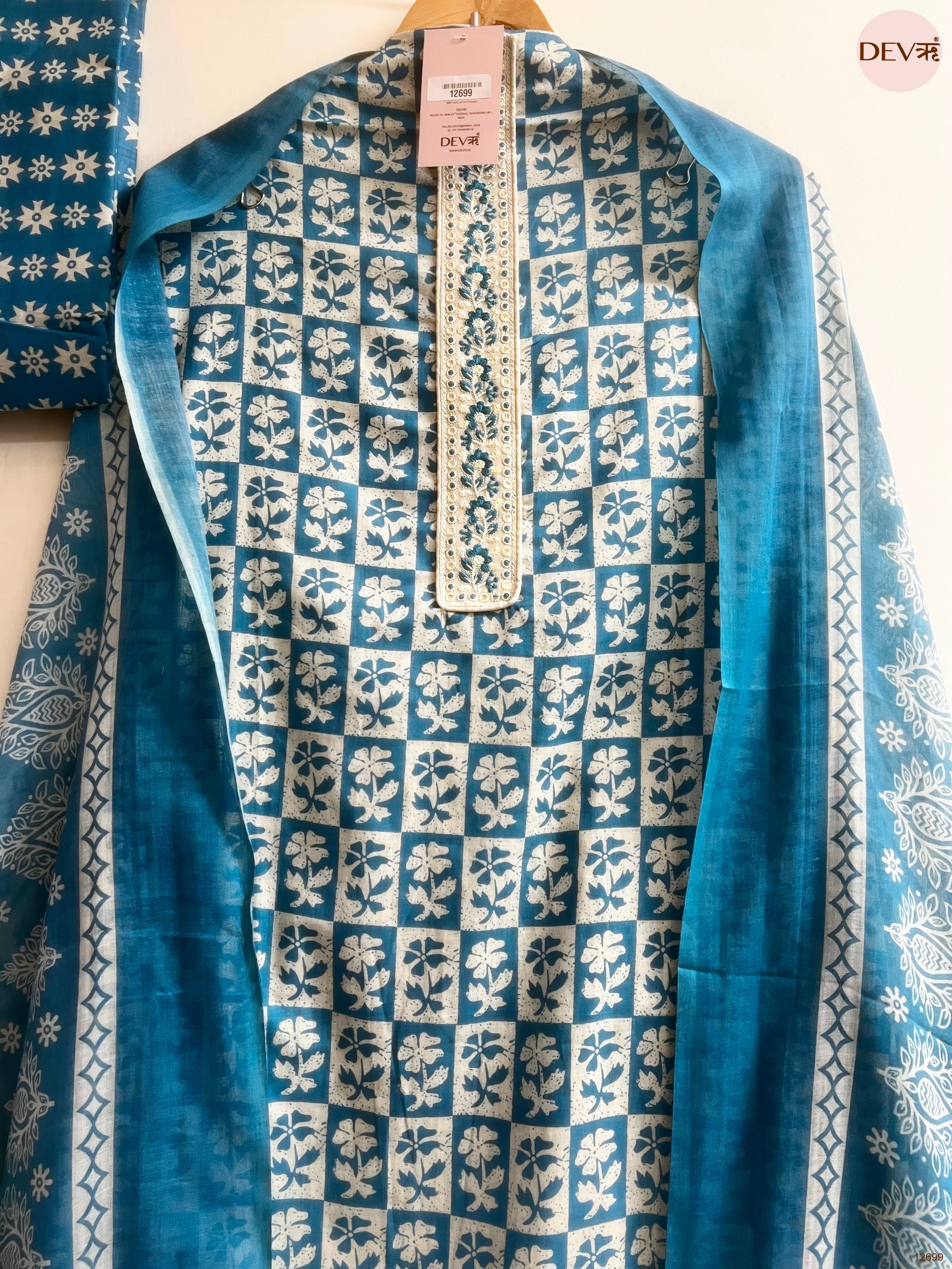 Blue Cotton Printed Unstitched 3-Piece Suit (Devri – D.No 12699)