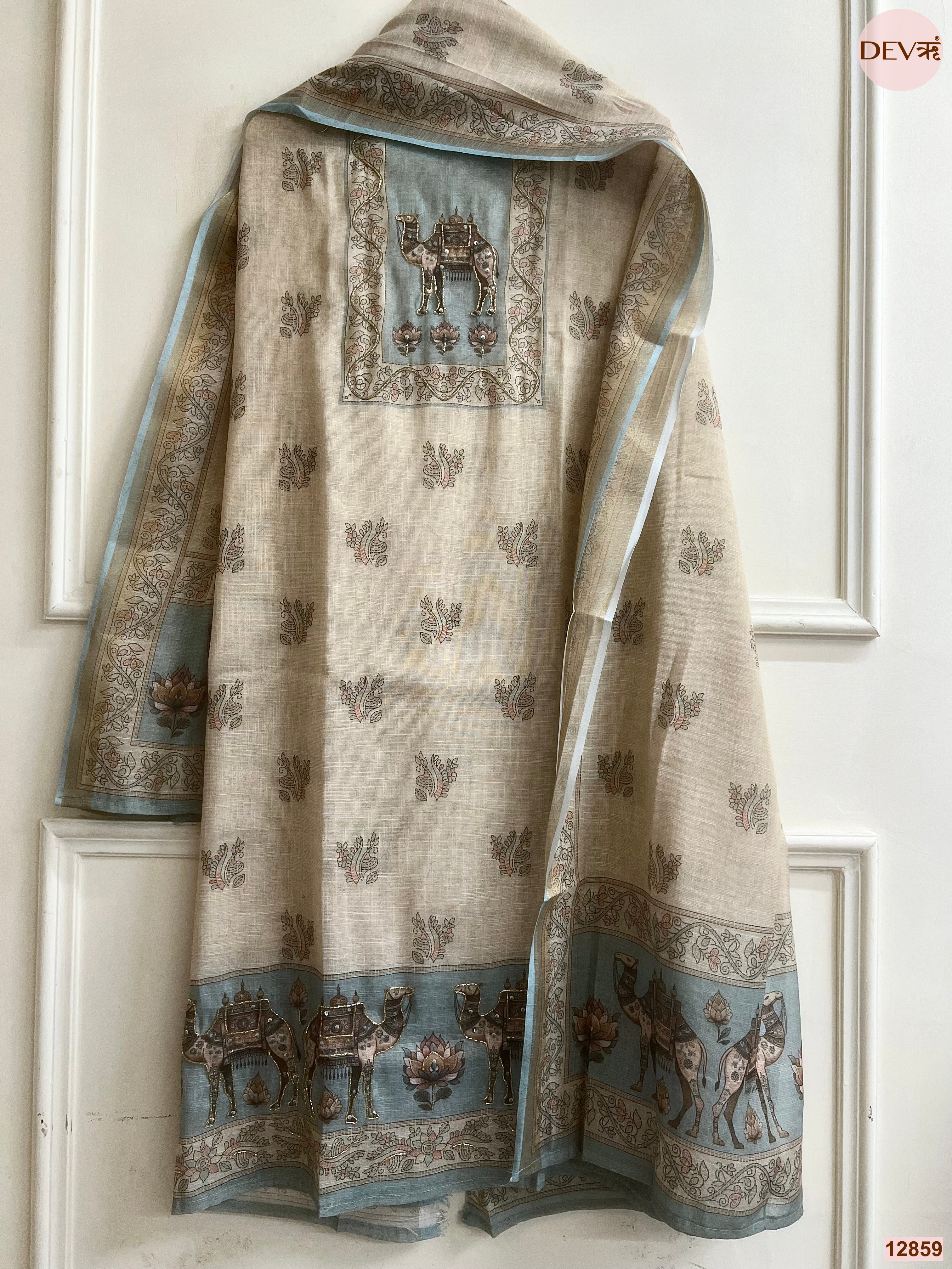 Blue Linen Cotton Printed Unstitched 3-Piece Suit (Devri – D.No 12859)
