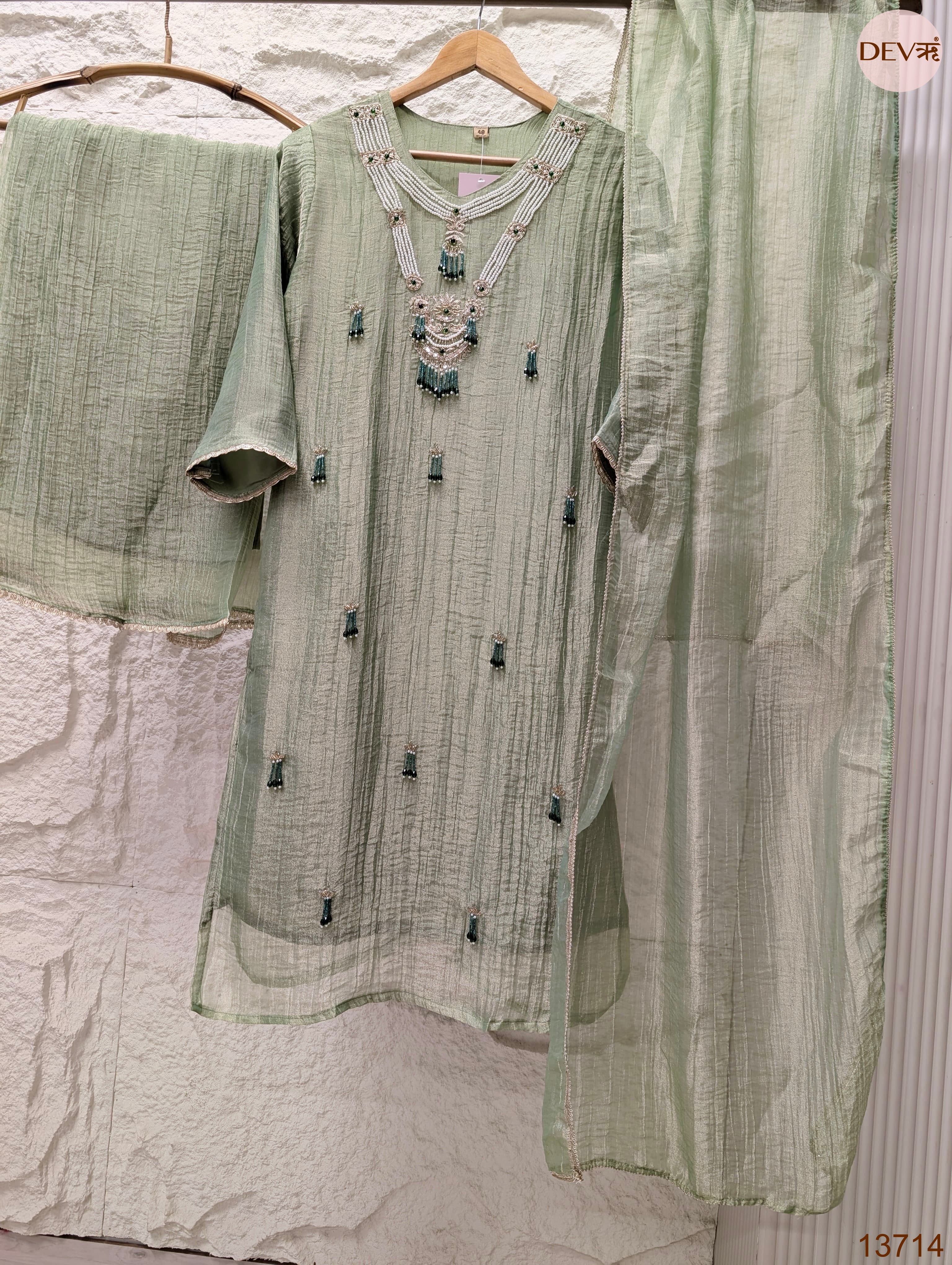 Gulnaar Tissue crush silk Embroidered Sage Green 3-Piece Set (Devri – D.No 13714)