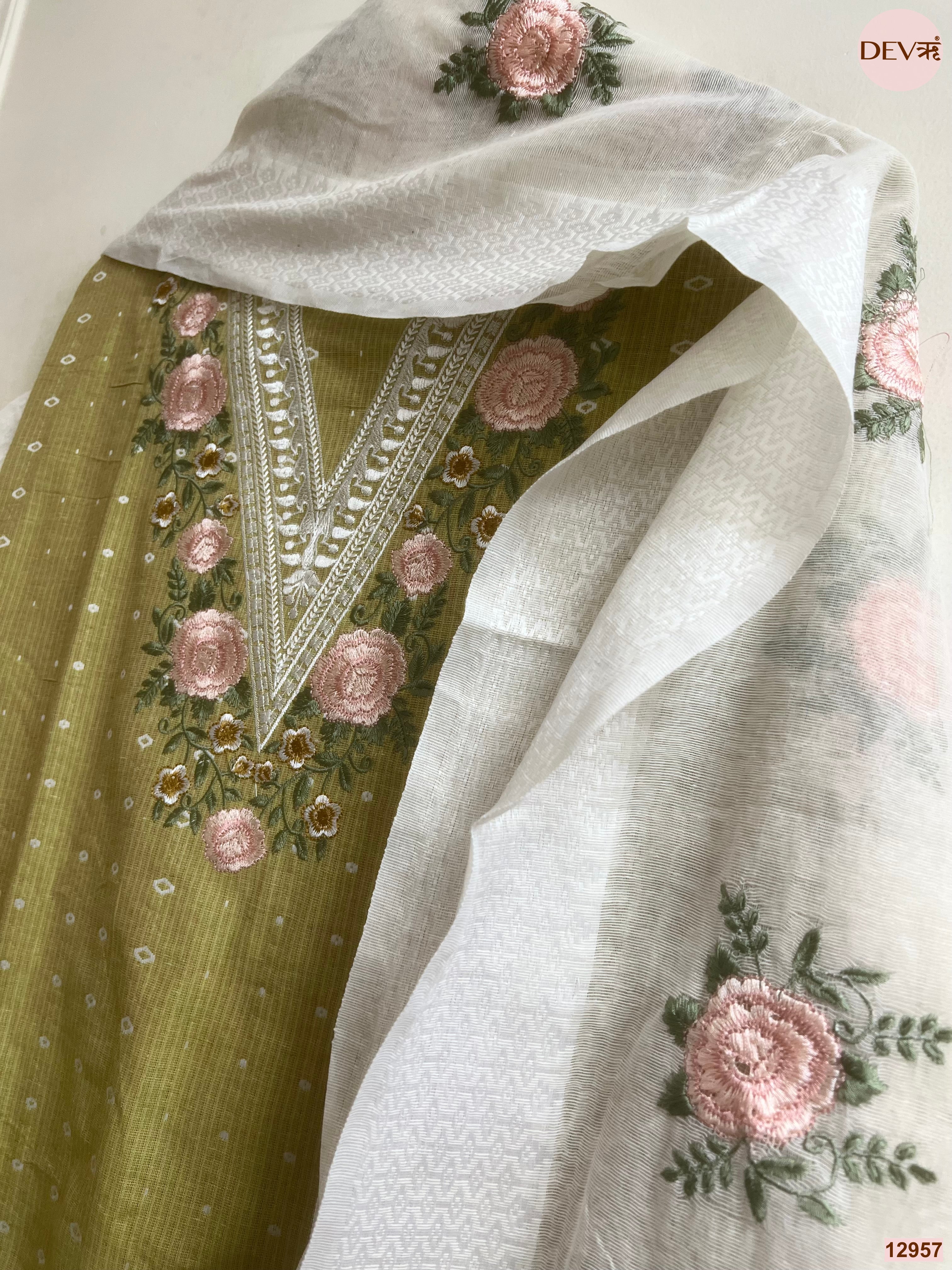 Olive Cotton Handloom Embroidered Unstitched 3-Piece Suit (Devri – D.No 12957)