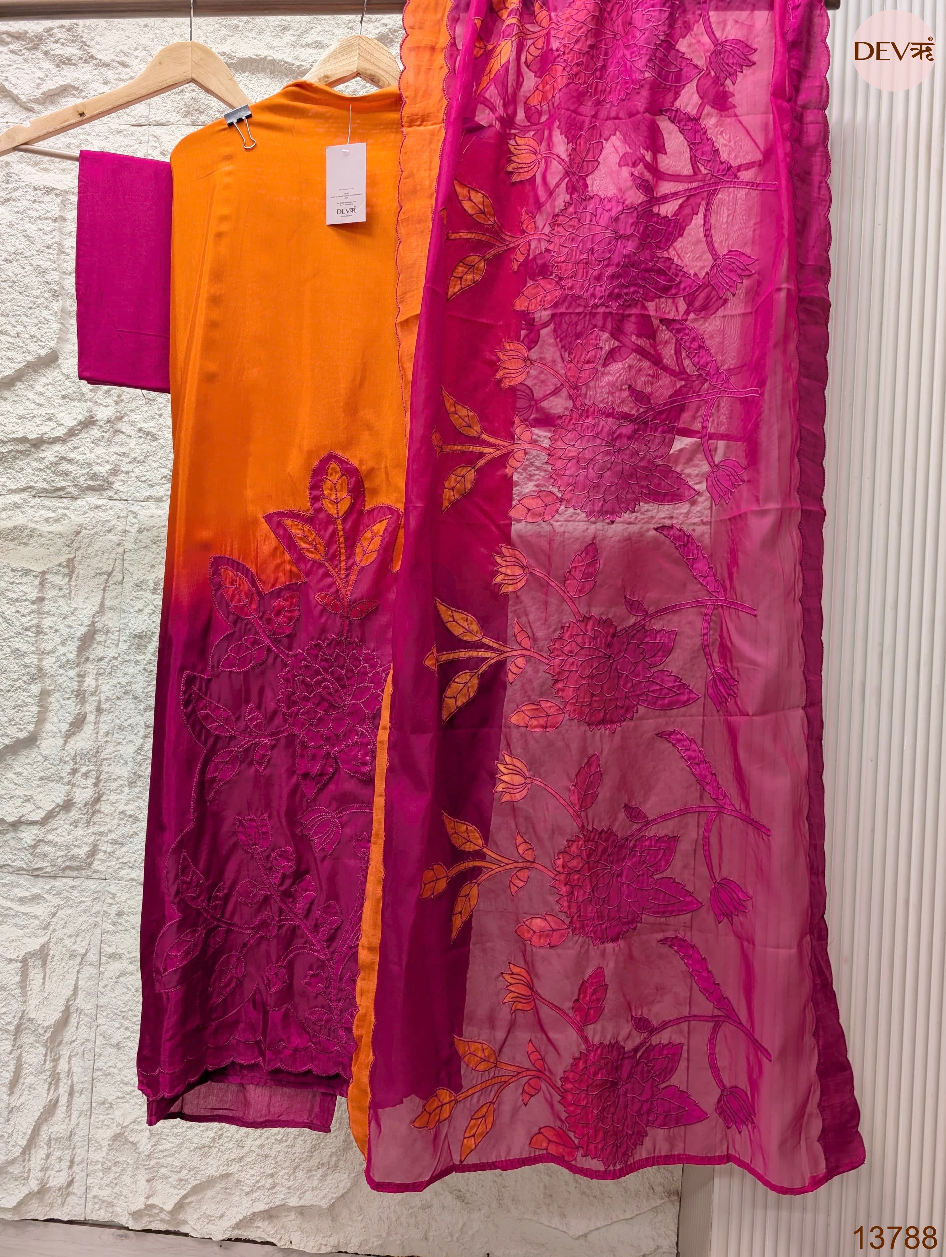 Orange Muslin Embroidered Unstitched 3-Piece Suit (Devri – D.No 13788)