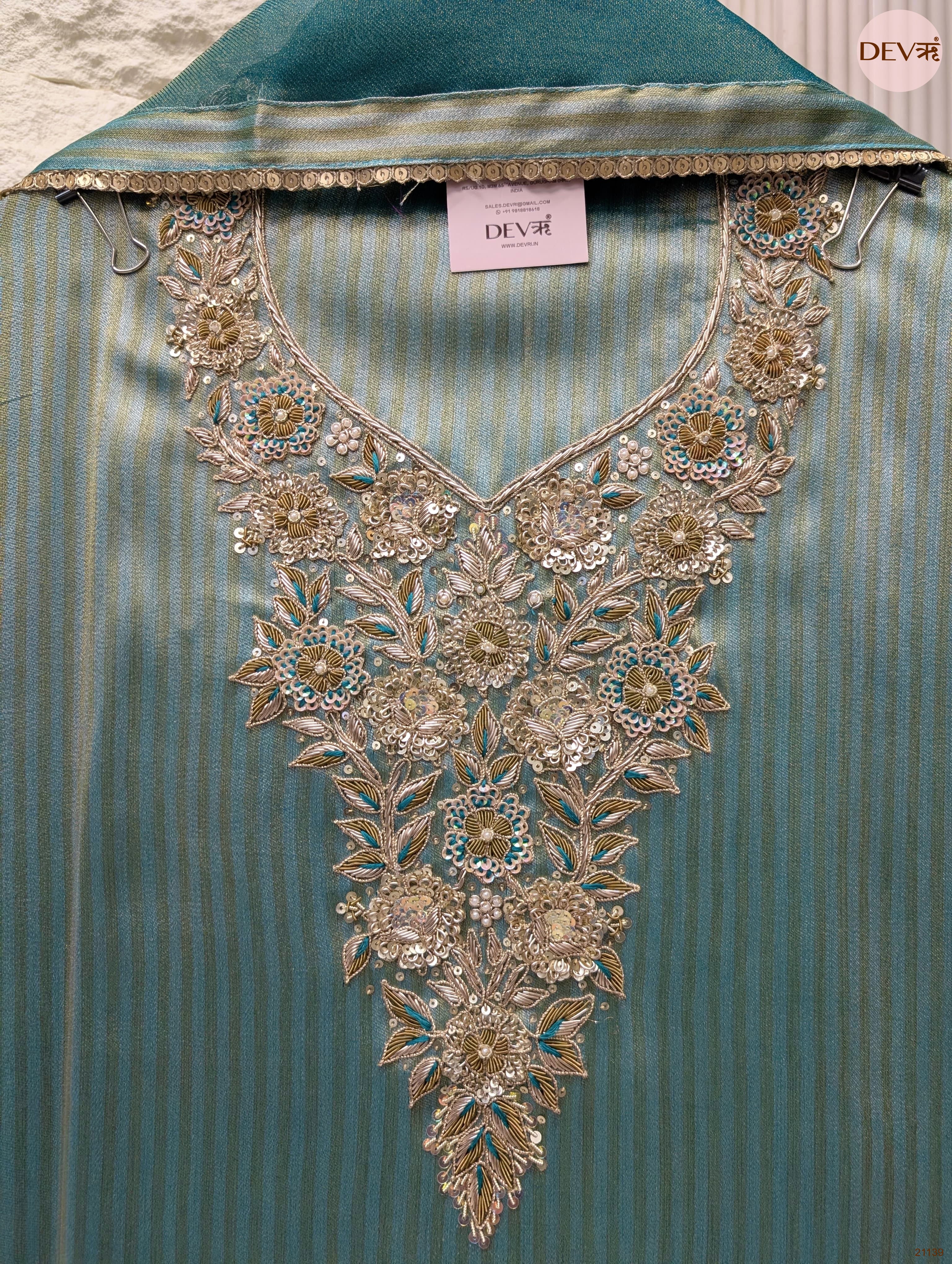Teal Pure Tissue Silk Embroidered Unstitched 3-Piece Suit (Devri – D.No 21139)